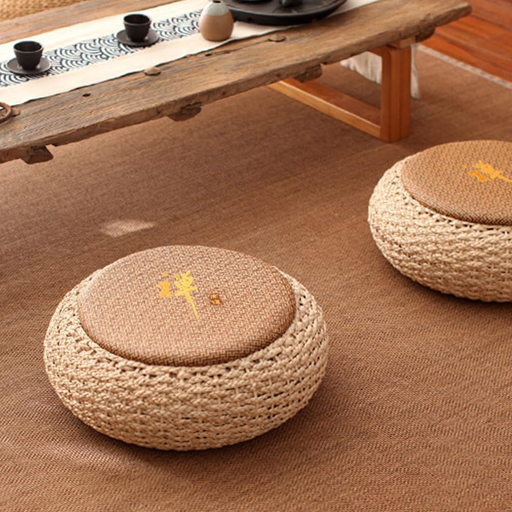 Straw Flat Seat Cushion, Tatami Floor Straw Mat Natural Cushion, Japanese Style Round Sitting Padded Handmade Floor Pouf Mat for Yoga Meditation Mat Living Room