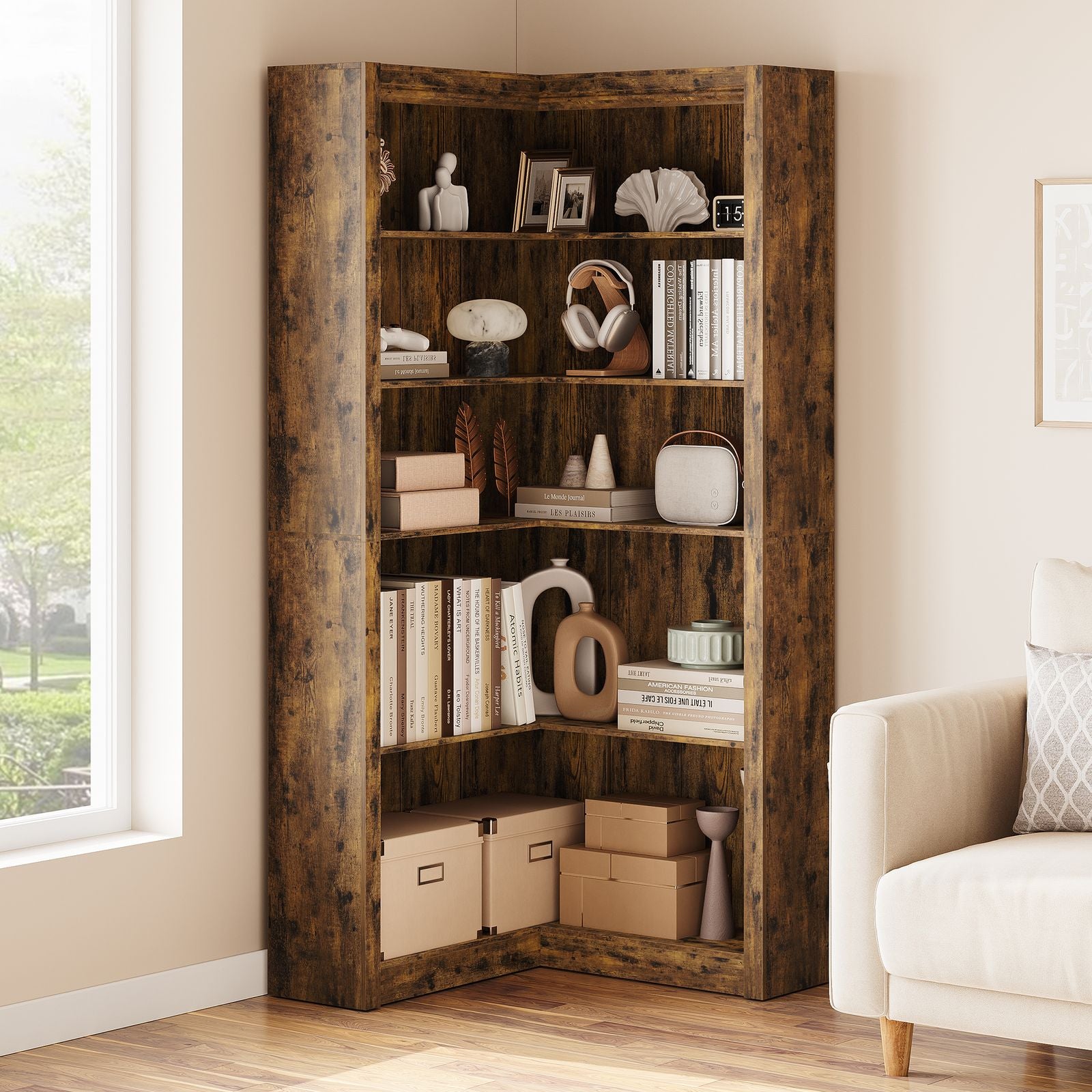 Heavy Duty Corner Bookshelf - Freestanding Storage Shelf with Space-Saving Tiered Design, Sturdy Hardwood Construction, Easy Assembly, Multi-Tier Shelving Unit for Home Office, Living Room, Study - Modern Open Organizer Shelf with -Tip Safety