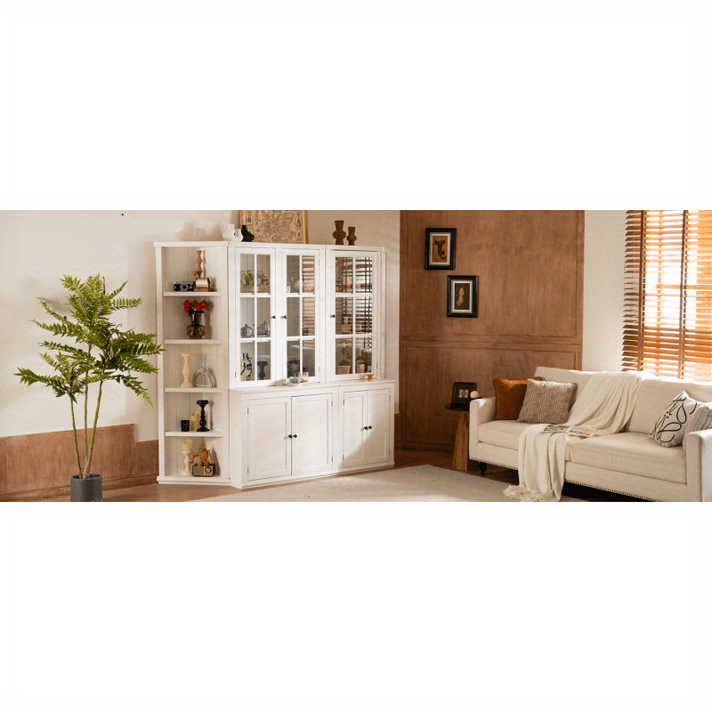 75.25'' Tall Display Cabinets and Two Triangle Sided Bookshelves 92.9'' Wide Retro Style Wall Suit with Glass Doors for Hallways Living room Office Studio or Workspace White