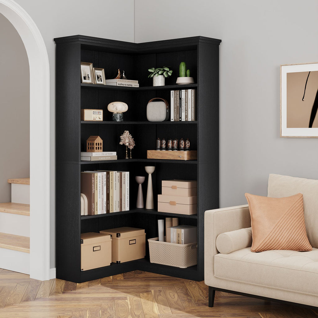 Heavy-Duty Corner Panel Bookcase - Black Modern L-Shaped Bookshelf with Curved Shelves, Space-Saving Freestanding Storage Shelf for Home Office, Living Room, Study - Easy Assembly, Sturdy Shelf Organizer (27\