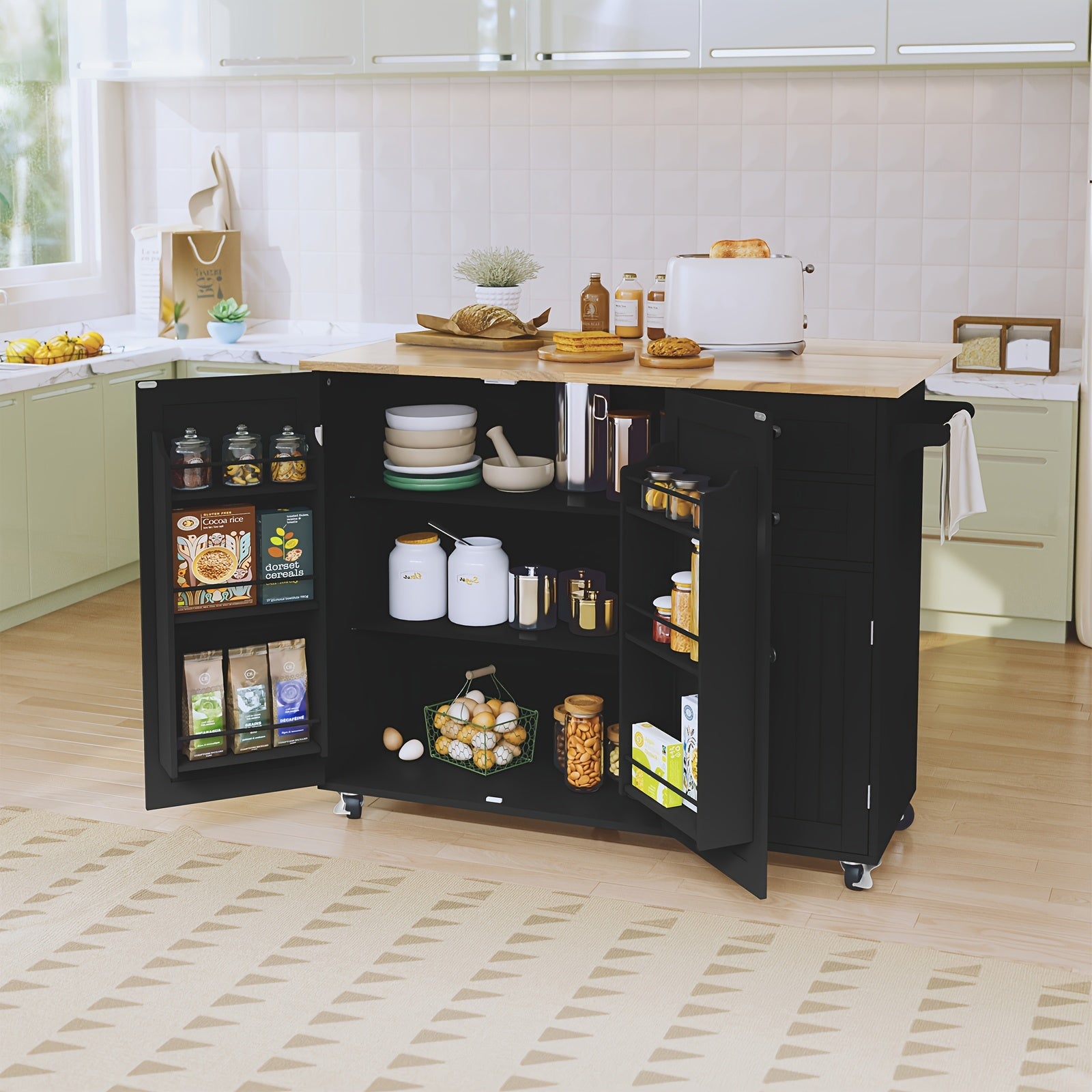 Modern Mobile Kitchen Island Cart with Extendable Drop Leaf Breakfast Bar, Locking Wheels, Storage Cabinet, Drawer & Open Shelves - Heavy-Duty Rolling Kitchen Cabinet with Spice Rack, Towel Rack - Space-Saving Design for Small Kitchens, Apartments, Dining