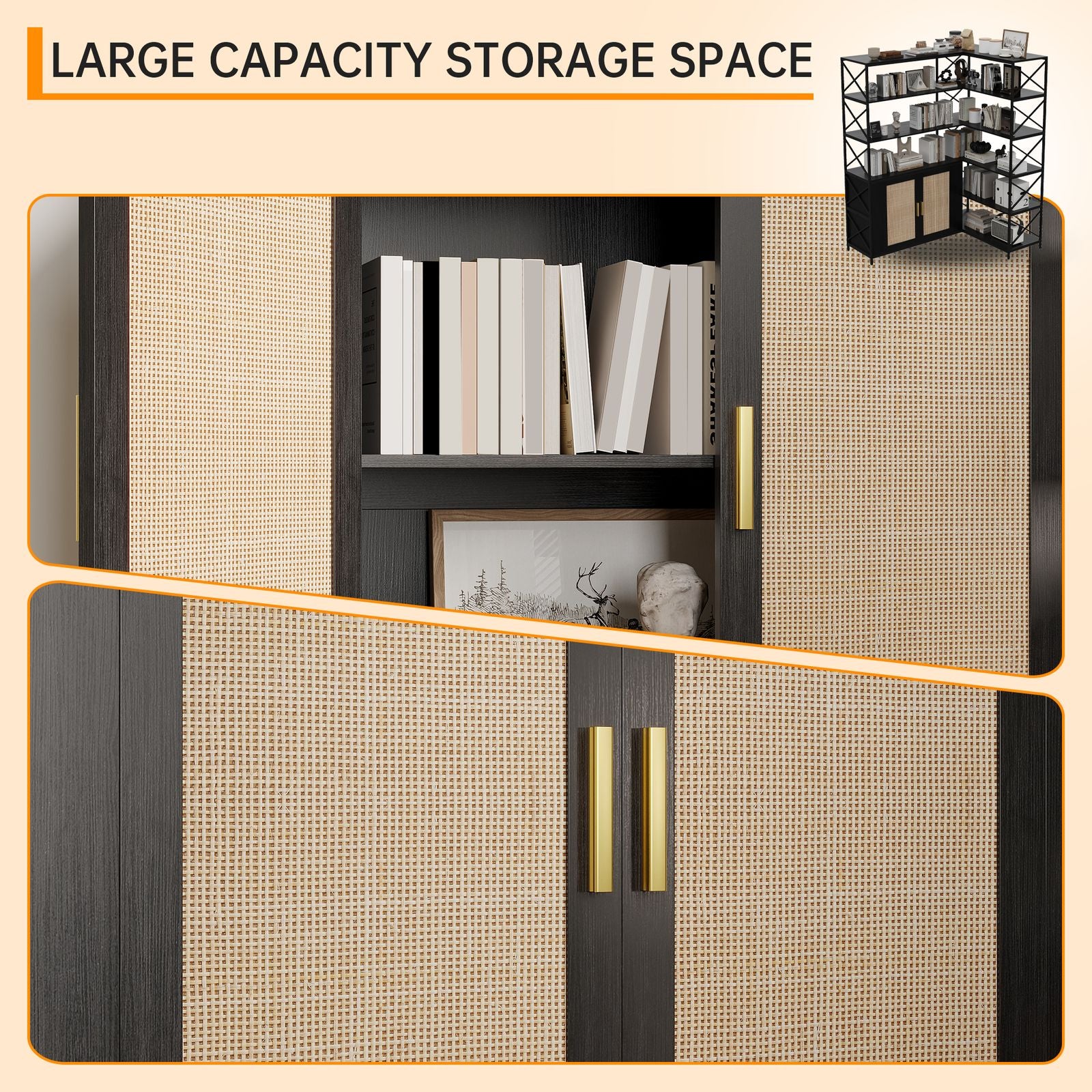 6-Shelf Corner Bookshelf, L-Shaped Space-Saving Bookcase with 2 Rattan Doors & Adjustable Shelves - Solid, Freestanding Corner Cabinet for Living Room, Bedroom, Home Office - Easy Assembly ( Wood Tone)