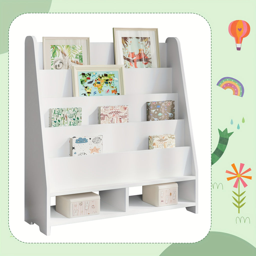 A Six-Tier Wooden Bookshelf with Storage Cabinets, Suitable for Displaying Toys And Books in Rooms, Nurseries, Playrooms, And Classrooms, in White., Classroom Storage | Minimalist Bookshelf | Metal Construction