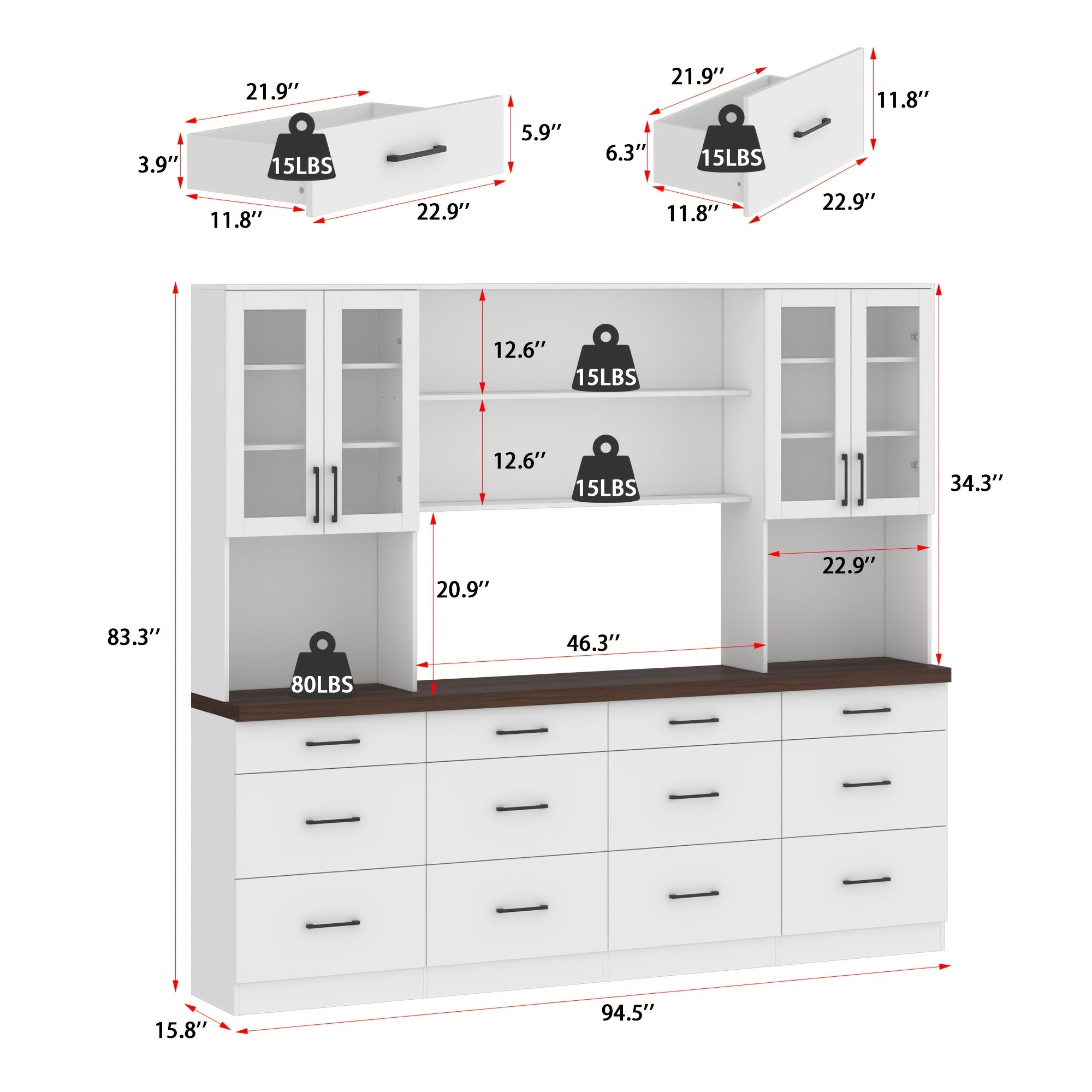 Extra Long 94.5-Foot Wide Modern Storage Cabinet with 12 Drawers & Open Countertop - Heavy-Duty MDF Construction, Space-Saving Organizer for Living Room, Kitchen, Home Office, Entryway - Floor Standing Furniture (94.5\