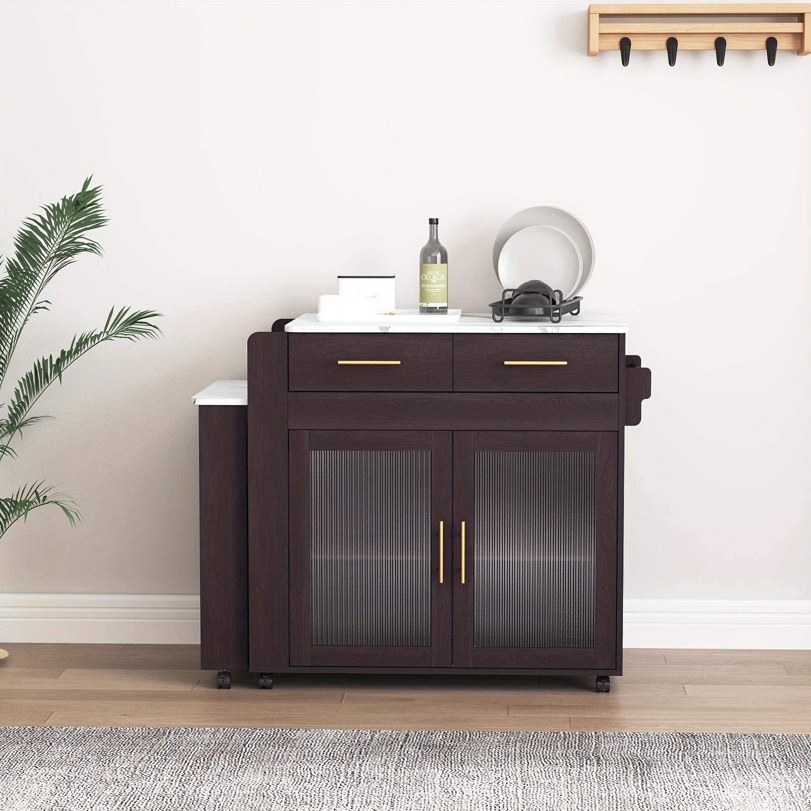 HLR Rolling Kitchen Island Cart On Wheels With Storage Cabinet And 2 Drawers, Kitchen Island With Extendable Dining Table, Marble Grain Top Kitchen Island, Island Table For Kitchen