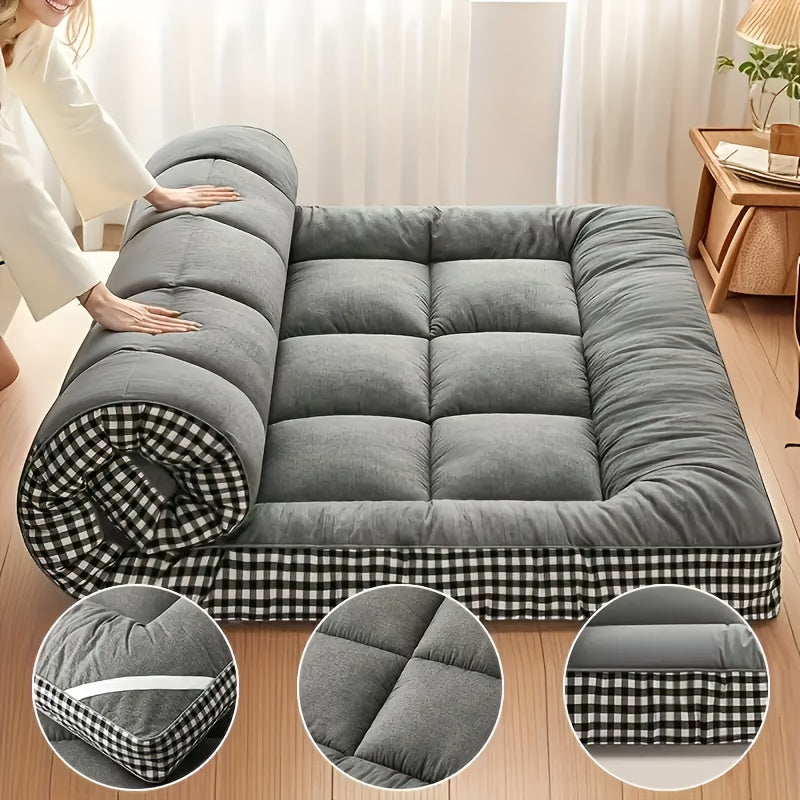 1pc 1200gsm Roll Up Mattress, Blue Green Pink Topper - 3.15-3.94inch Thick Quilted Bed Topper With Checkered Border, Thick Tatami Mat Sleeping Pad, Machine Washable, For Sofa Bed, Guest Room, Home Decor, Sofa Bed Mattress, Best Gifts For Family