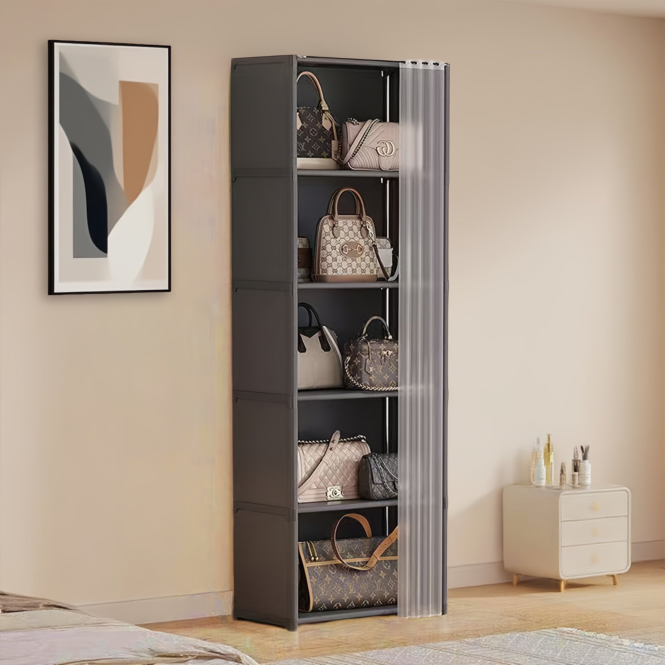 Multi-Layer Bag Storage Cabinet - Large Capacity Dustproof Organizer with Transparent Doors, No Assembly Required, Durable Plastic Freestanding Storage Unit for Home, Bedroom, Office - Space-Saving Vertical Design, White\u002FBlack, Bag Storage Organizer,