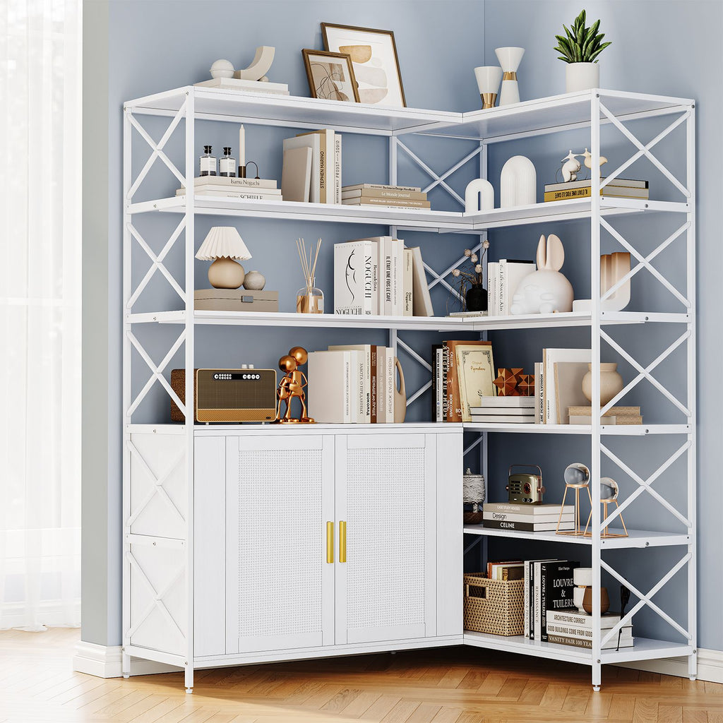 6-Shelf Corner Bookshelf, L-Shaped Space-Saving Bookcase with 2 Rattan Doors & Adjustable Shelves - Solid, Freestanding Corner Cabinet for Living Room, Bedroom, Home Office - Easy Assembly ( Wood Tone)