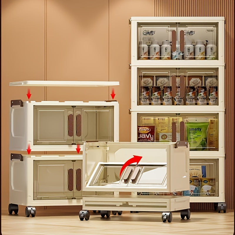 5-Tier Large-Capacity Storage Cabinet with Doors & White\u002FBeige Finish - Heavy-Duty Plastic Stackable Organizer with Cover & Wheels, Space-Saving Modern Wardrobe, Bedroom, Bathroom, Office Furniture - Multi-Purpose Shelving Unit for Home Organization,