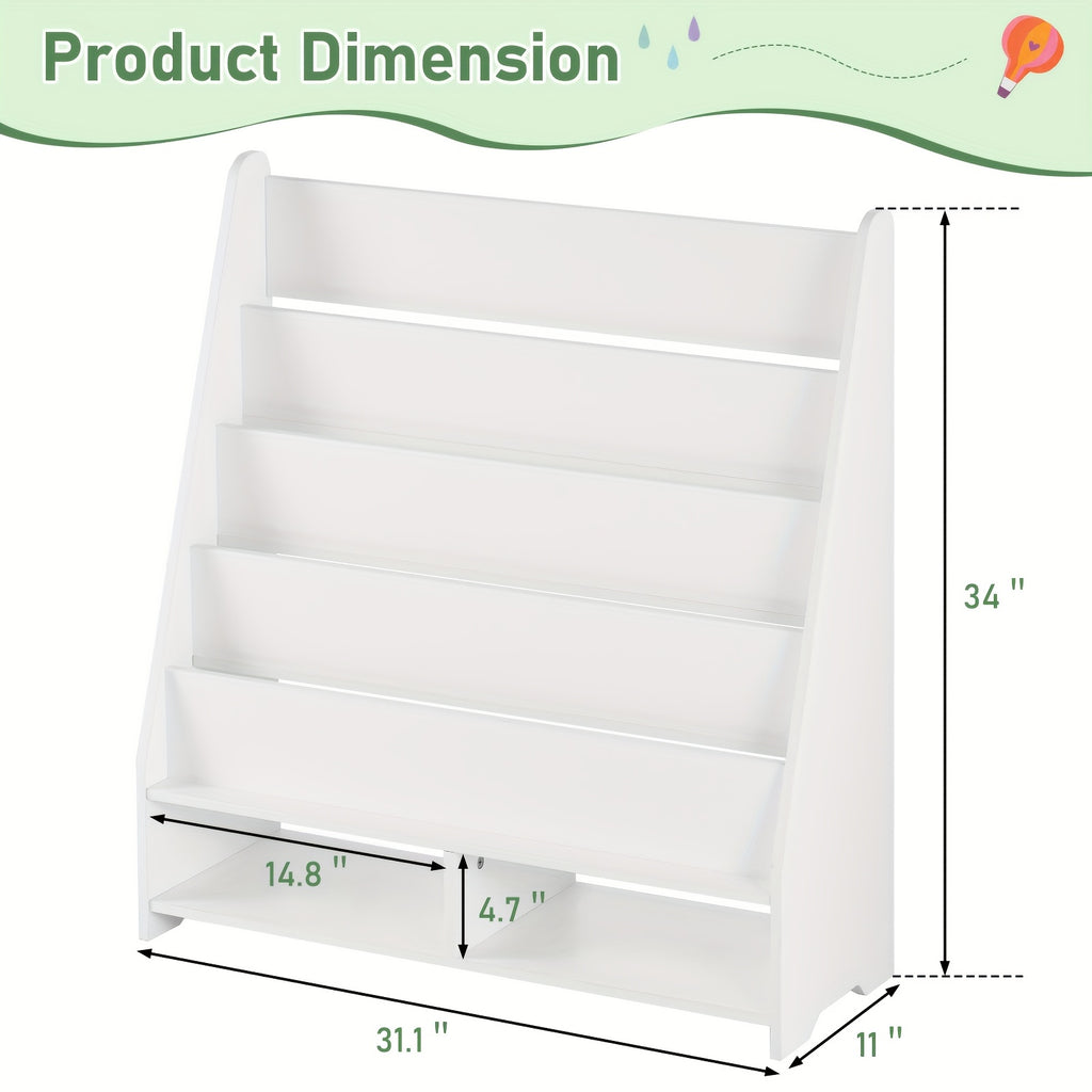 A Six-Tier Wooden Bookshelf with Storage Cabinets, Suitable for Displaying Toys And Books in Rooms, Nurseries, Playrooms, And Classrooms, in White., Classroom Storage | Minimalist Bookshelf | Metal Construction