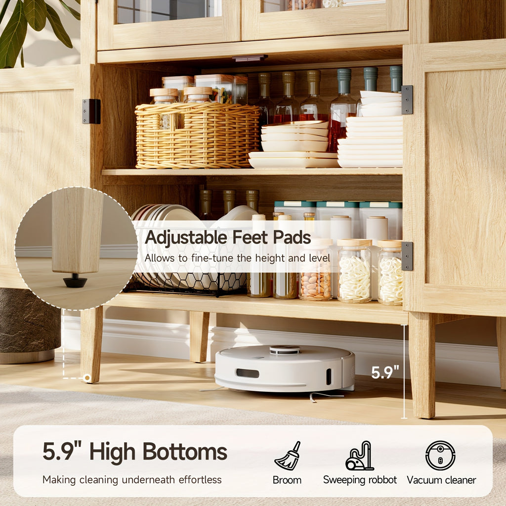 71 Inch Tall Arched Kitchen Pantry Cabinet, Modern Farmhouse Wooden Kitchen Storage Cabinet with Doors And Shelves with Adjustable Feet for Kitchen, Dining Room, Living Room, Oak, Black, Off-White, Kitchen Cabinets, Pantry Cabinet for Kitchen