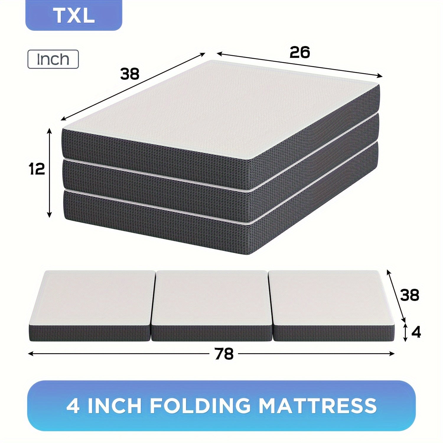 4 Inch Tri Fold Folding Mattress Memory Foam Mattress Topper Portable Foldable Mattress Topper For Camping, Guest, Floor RV, CertiPUR-US Certified, With Washable Cover, Easy Storage