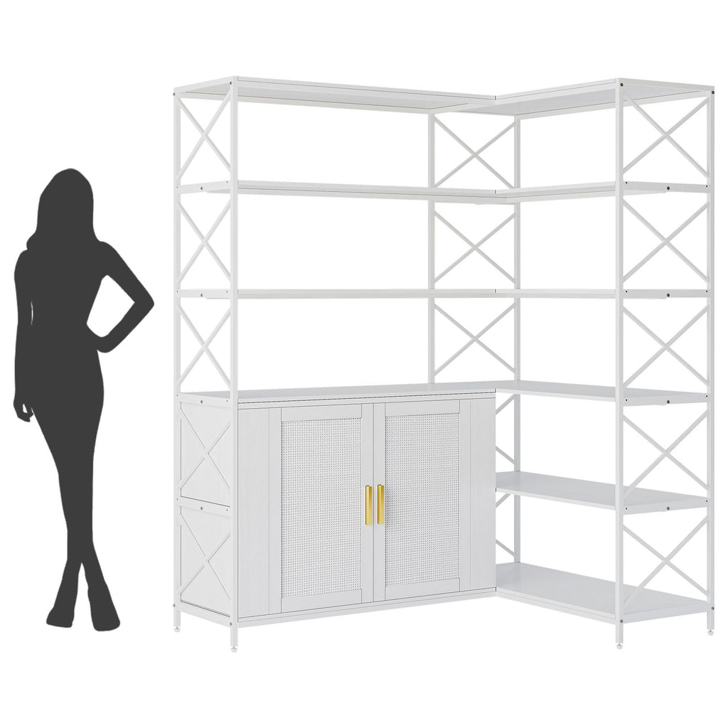 6-Shelf Corner Bookshelf, L-Shaped Space-Saving Bookcase with 2 Rattan Doors & Adjustable Shelves - Solid, Freestanding Corner Cabinet for Living Room, Bedroom, Home Office - Easy Assembly ( Wood Tone)