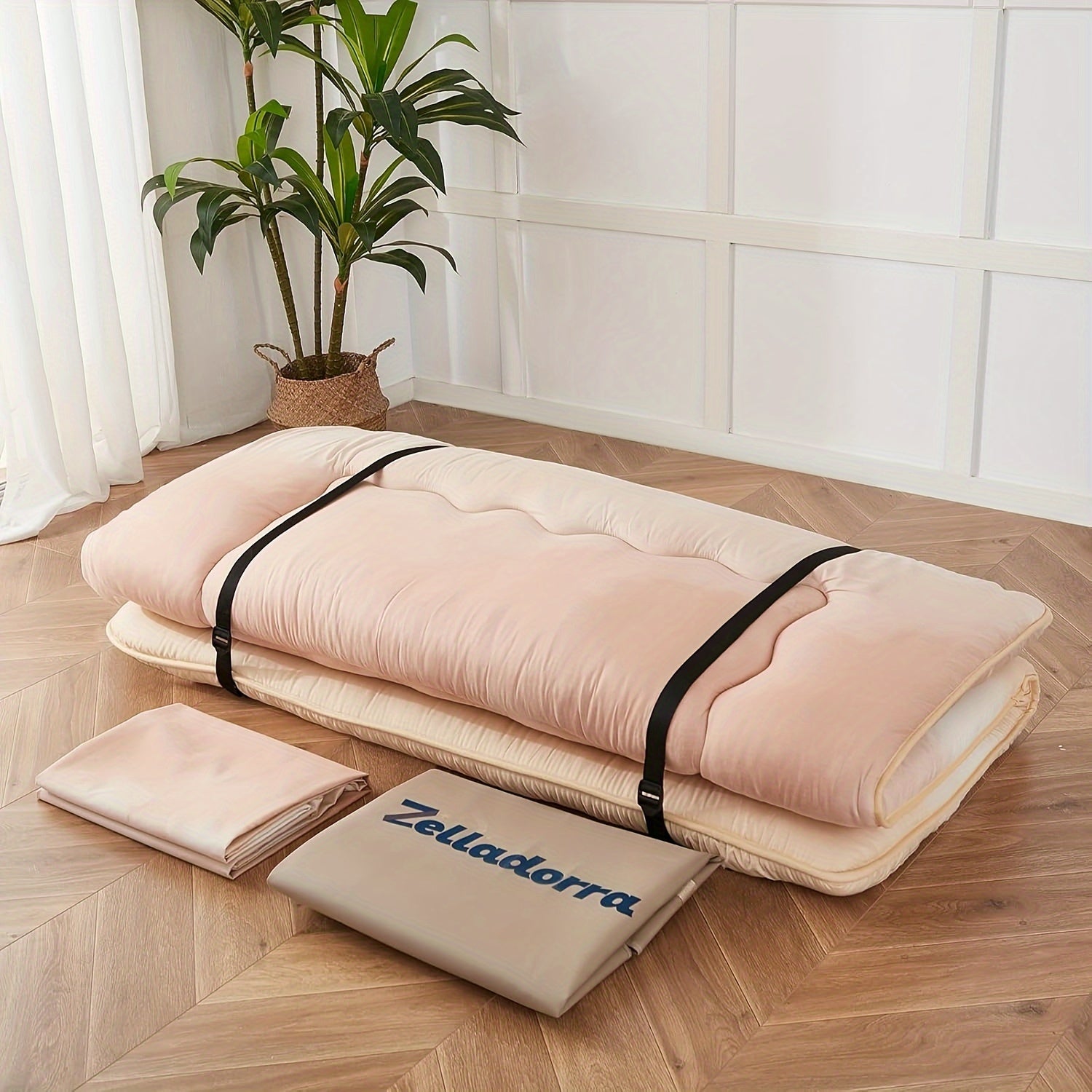 Cream Gradient Japanese Futon Mattress with Portable Storage Bag – Thick Roll-Up Tatami for Camping, Guest Room, or Home Use, Memory Foam Comfort, Hand Wash Only, Versatile Floor Mattress | Modern Aesthetic | Soft Texture Surface