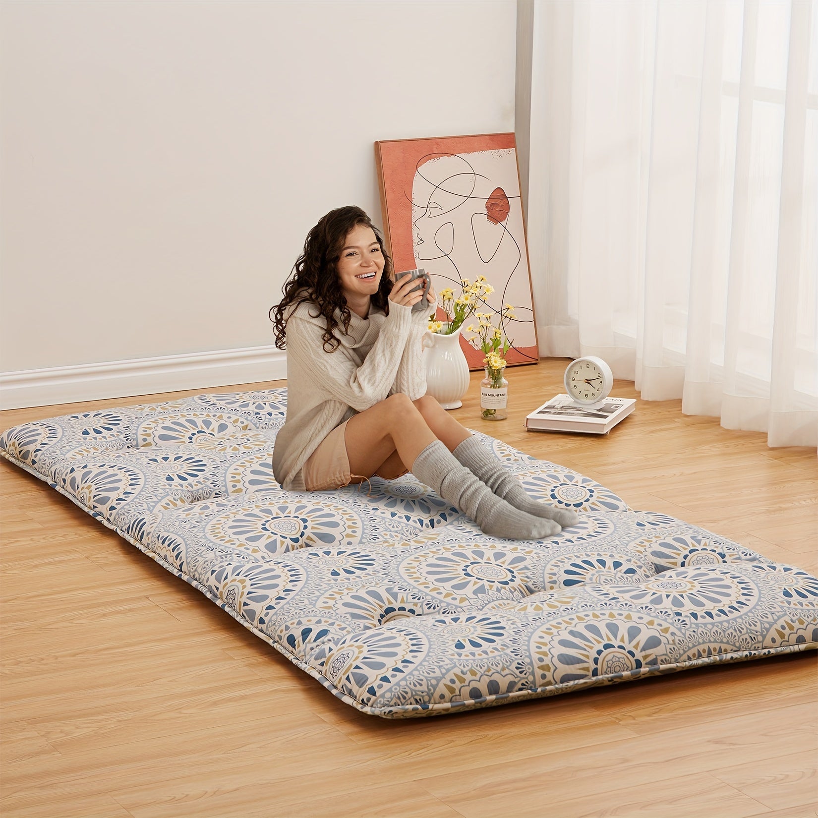 Japanese Futon Mattress, Floral Pattern Floor Mattress, Tatami Mat, Sleeping Pad For Camping And Travel