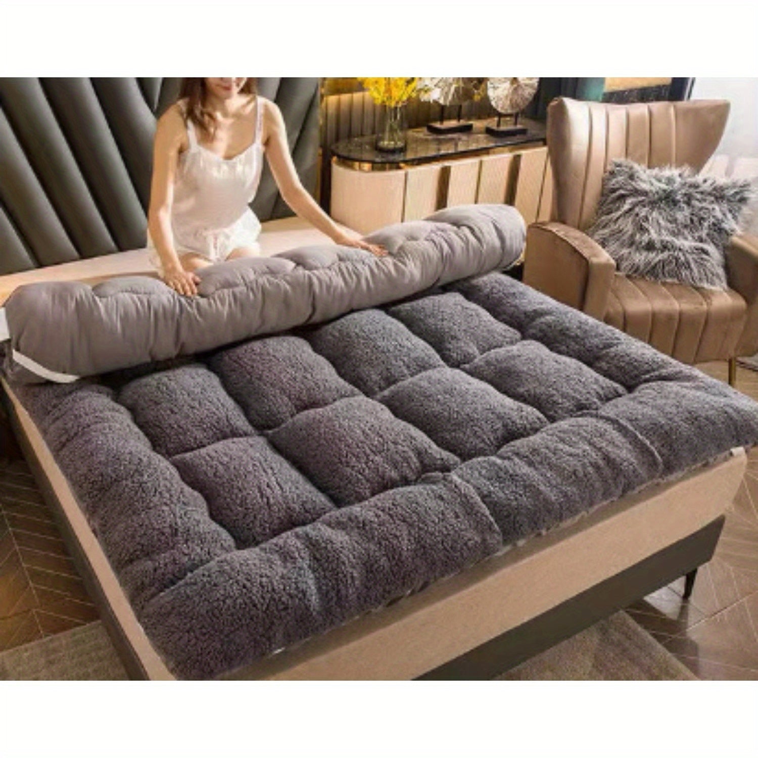 SWTMERRY Roll-Up Mattress Topper - 1000gsm Soft Breathable Tatami Mat Sleeping Pad, Foldable & Portable for Bed, Sofa, Camping, Guest Bedding - Machine Washable Grey Luxury Sleeping Pad, Foldable Mattress, Luxury Comfort, Easycare Material