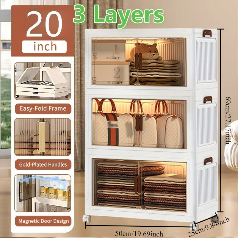 1\u002F2\u002F3\u002F4\u002F5\u002F6-Tier Extra Large Collapsible Storage Cabinet with Locking Doors - Heavy-Duty PVC Plastic Stackable Organizer System with 4-Wheel Mobility, Foldable Design & Front Panels for Closet, Bedroom, Office, Kitchen - Space-Sav