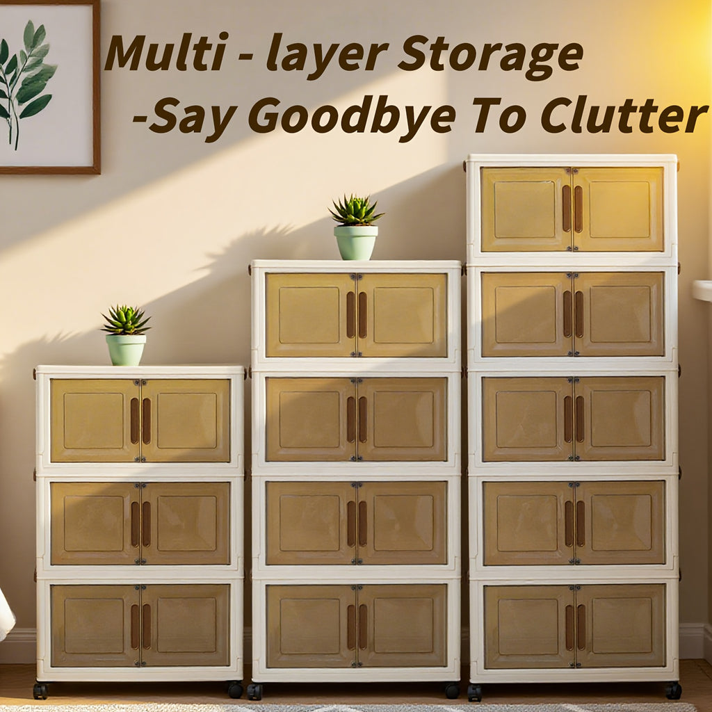 5-Tier Large-Capacity Storage Cabinet with Doors & White\u002FBeige Finish - Heavy-Duty Plastic Stackable Organizer with Cover & Wheels, Space-Saving Modern Wardrobe, Bedroom, Bathroom, Office Furniture - Multi-Purpose Shelving Unit for Home Organization,