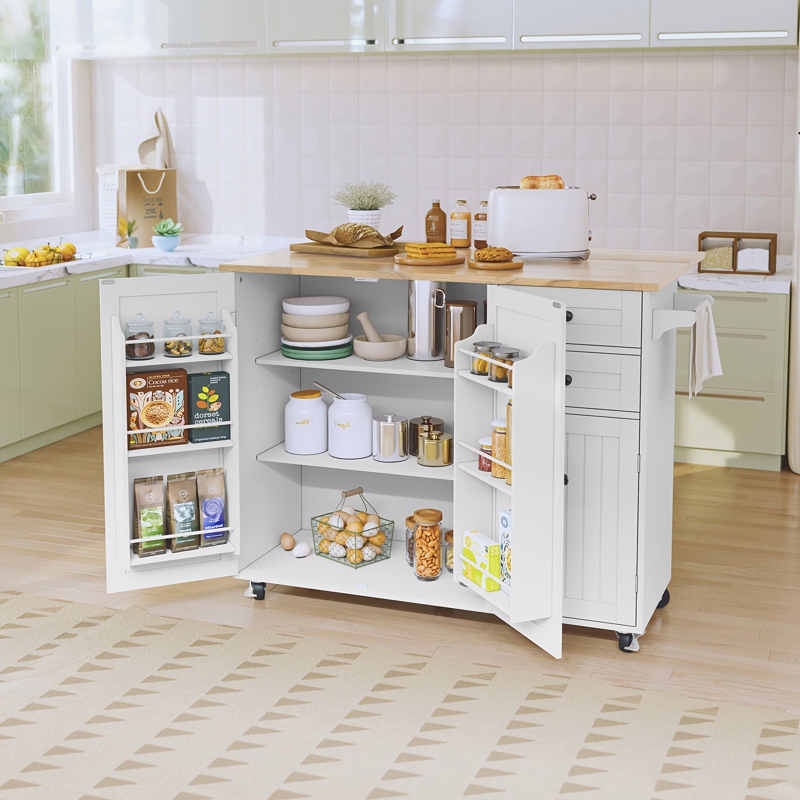 Modern Mobile Kitchen Island Cart with Extendable Drop Leaf Breakfast Bar, Locking Wheels, Storage Cabinet, Drawer & Open Shelves - Heavy-Duty Rolling Kitchen Cabinet with Spice Rack, Towel Rack - Space-Saving Design for Small Kitchens, Apartments, Dining