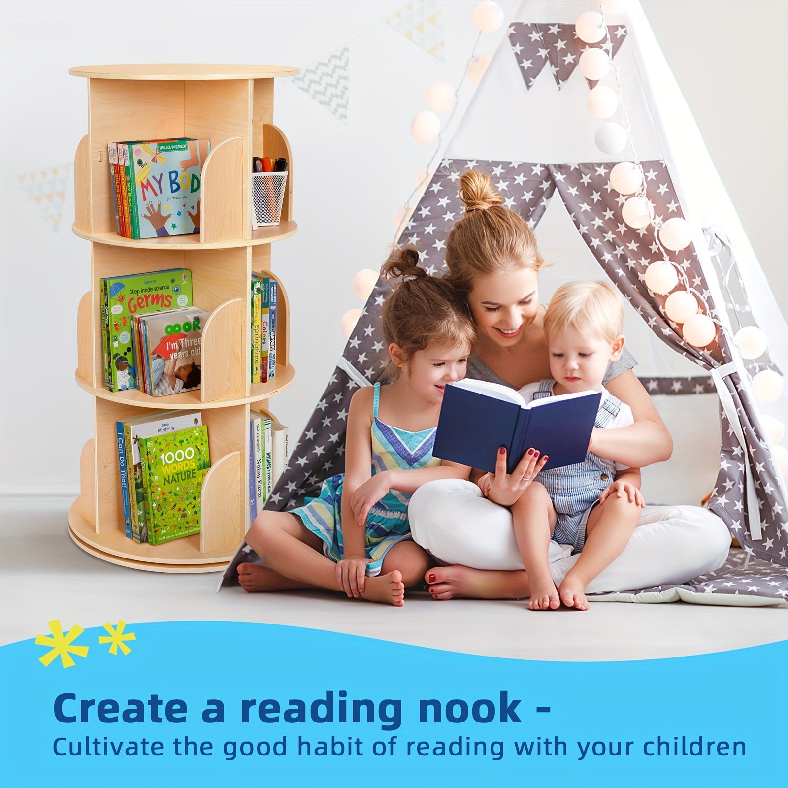 Kids Rotating Bookshelf Tower with 360° Spin, Large Floor-Standing Bookcase with Corner Shelf for Nursery, Room, Small Spaces - Easy Assembly, Wood Color, Plywood\u002FPine\u002FMDF, - Rounded Edges
