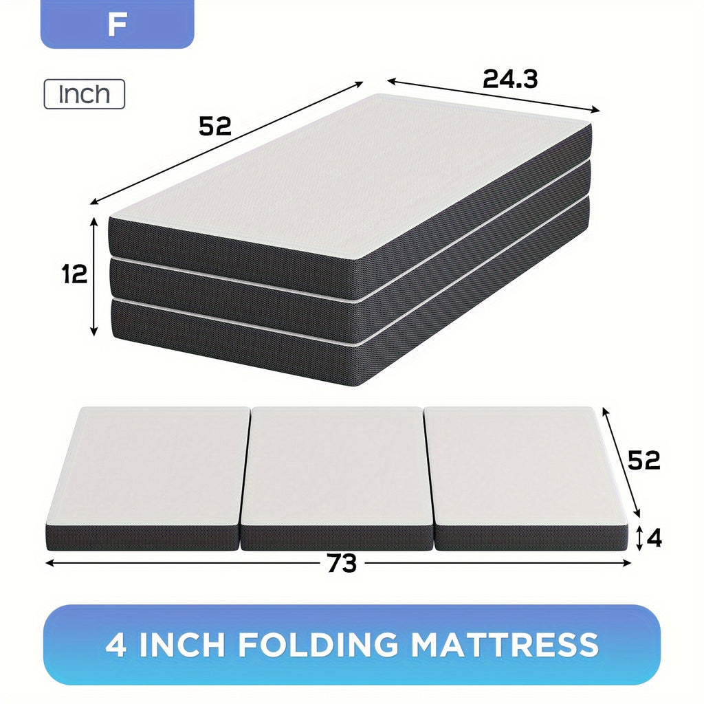 4 Inch Tri Fold Folding Mattress Memory Foam Mattress Topper Portable Foldable Mattress Topper For Camping, Guest, Floor RV, CertiPUR-US Certified, With Washable Cover, Easy Storage