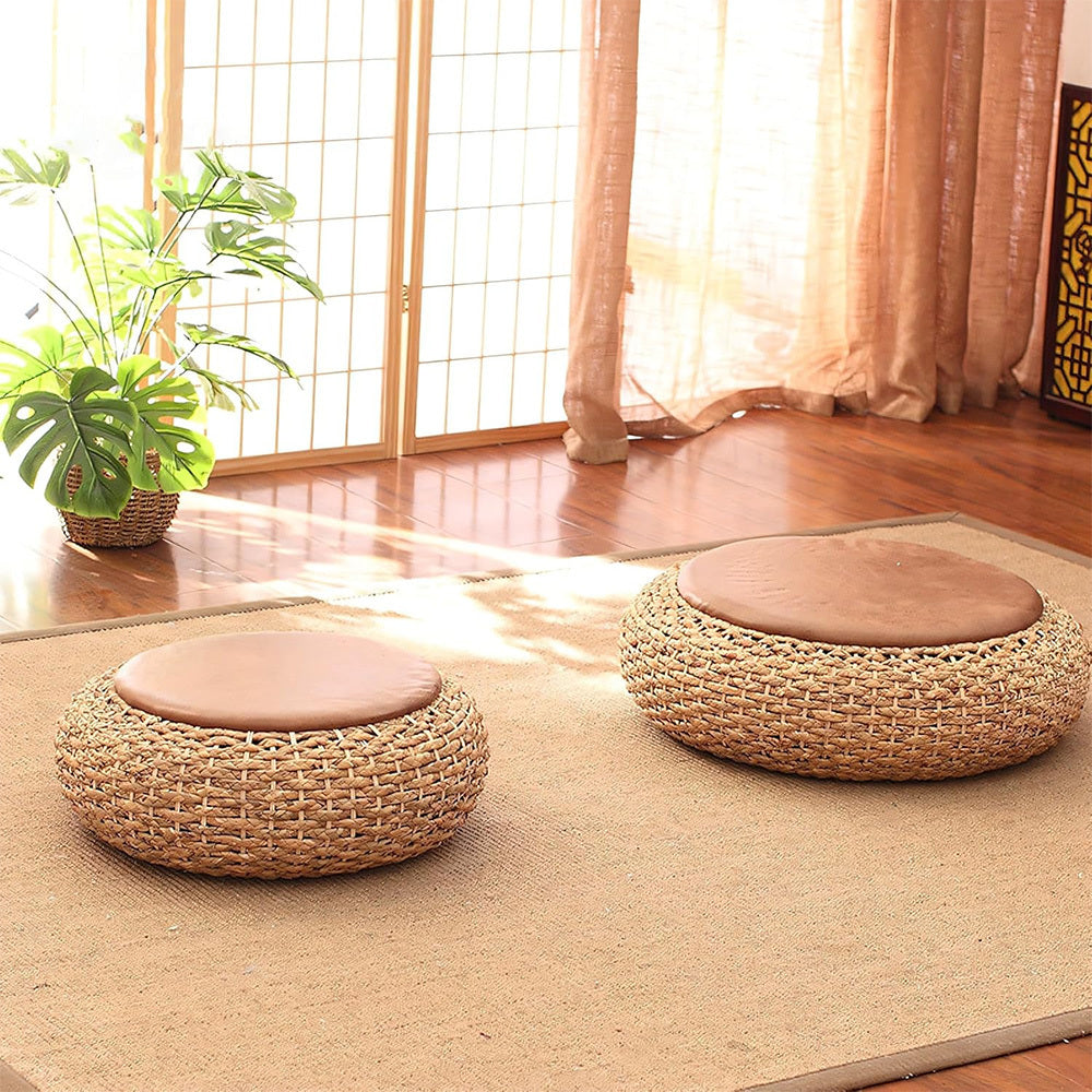 Straw Flat Seat Cushion, Tatami Floor Straw Mat Natural Cushion, Japanese Style Round Sitting Padded Handmade Floor Pouf Mat for Yoga Meditation Mat Living Room