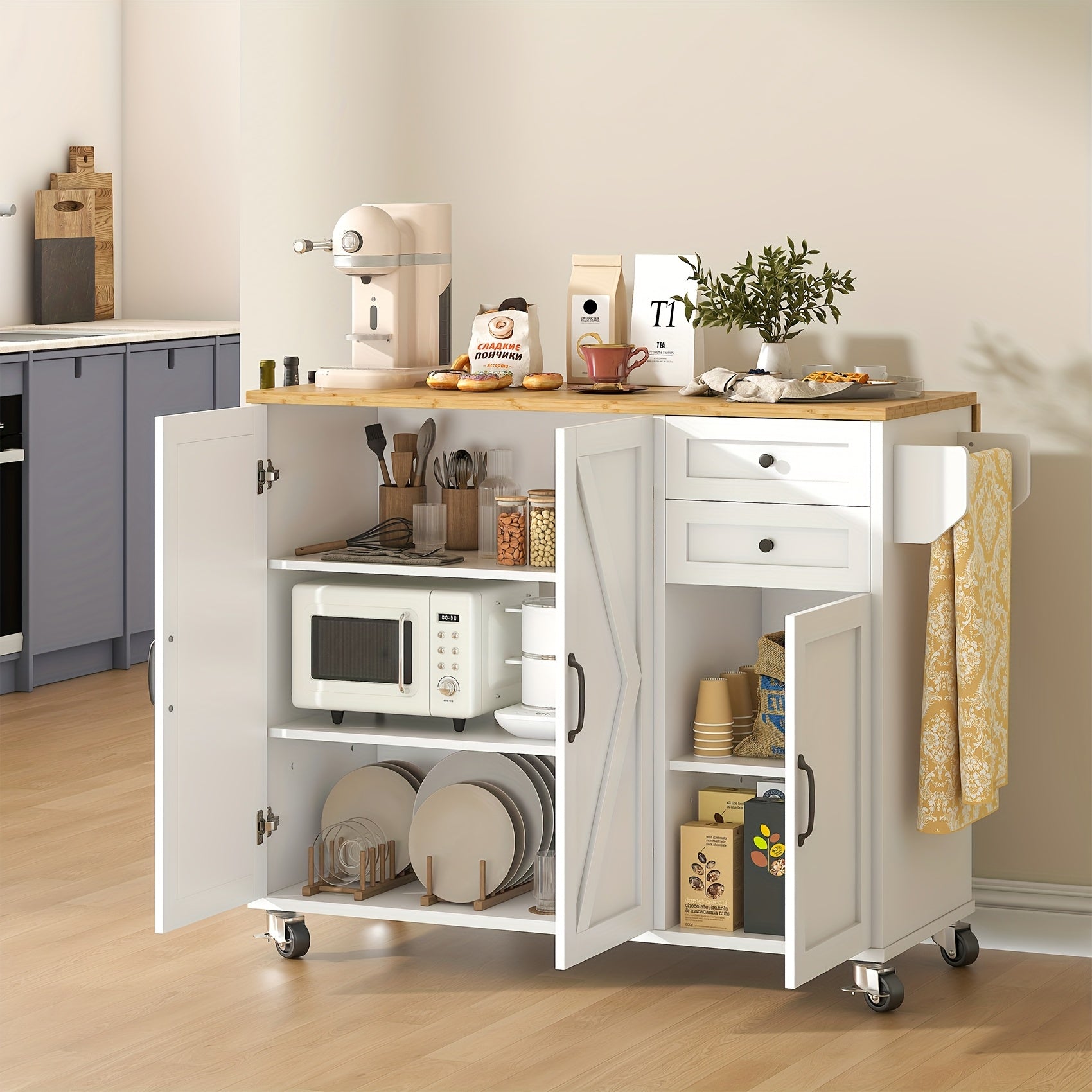 Modern Mobile Kitchen Island Cart with Drop Leaf Table, Storage Cabinet & Doors, Spice Rack, Drawer, Towel Rack - Rolling Cabinet on Wheels, Space-Saving Buffet Sideboard for Small Kitchens, Dining Room, Parties - Durable Non-Wood Design
