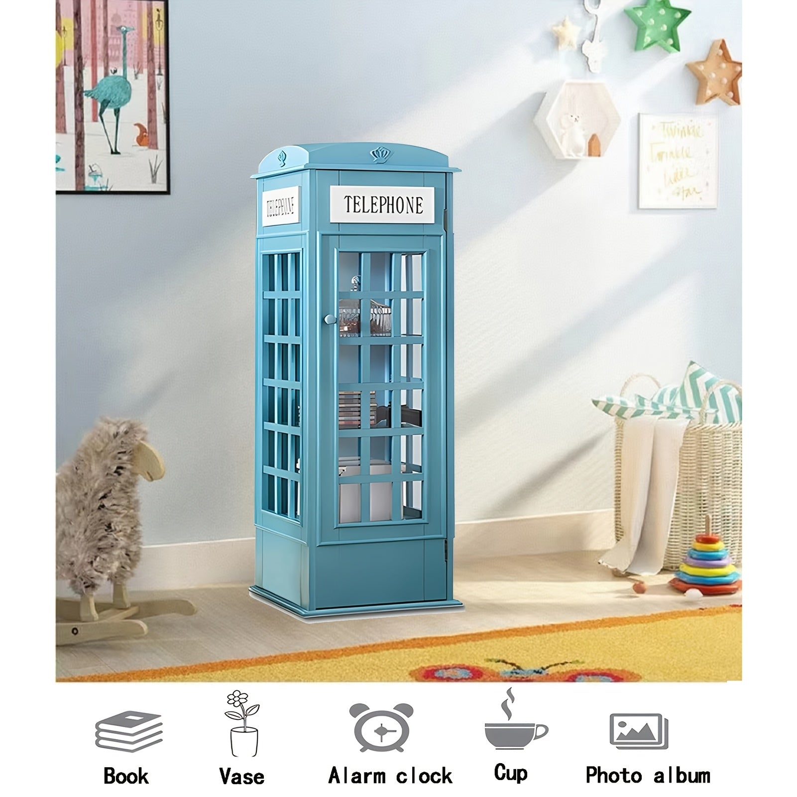 Telephone Booth Bookshelf 5-Tier Wood Cd Storage Cabinet, Floor Standing Bookcase With Acrylic Door, Storage Cabinet Cube Organizer Display Cabinet, 44.5\