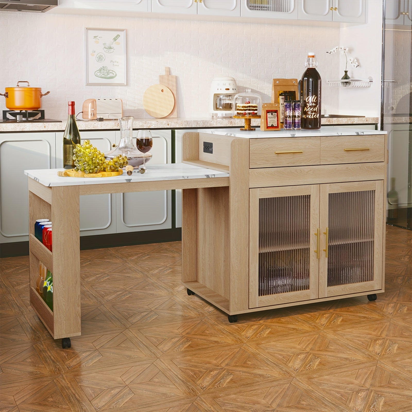 HLR Rolling Kitchen Island Cart On Wheels With Storage Cabinet And 2 Drawers, Kitchen Island With Extendable Dining Table, Marble Grain Top Kitchen Island, Island Table For Kitchen