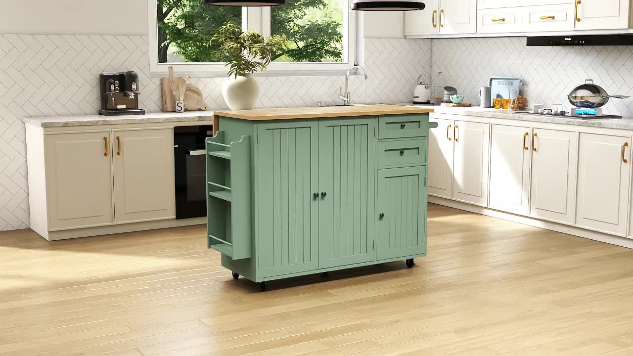 Modern Mobile Kitchen Island Cart with Extendable Drop Leaf Breakfast Bar, Locking Wheels, Storage Cabinet, Drawer & Open Shelves - Heavy-Duty Rolling Kitchen Cabinet with Spice Rack, Towel Rack - Space-Saving Design for Small Kitchens, Apartments, Dining