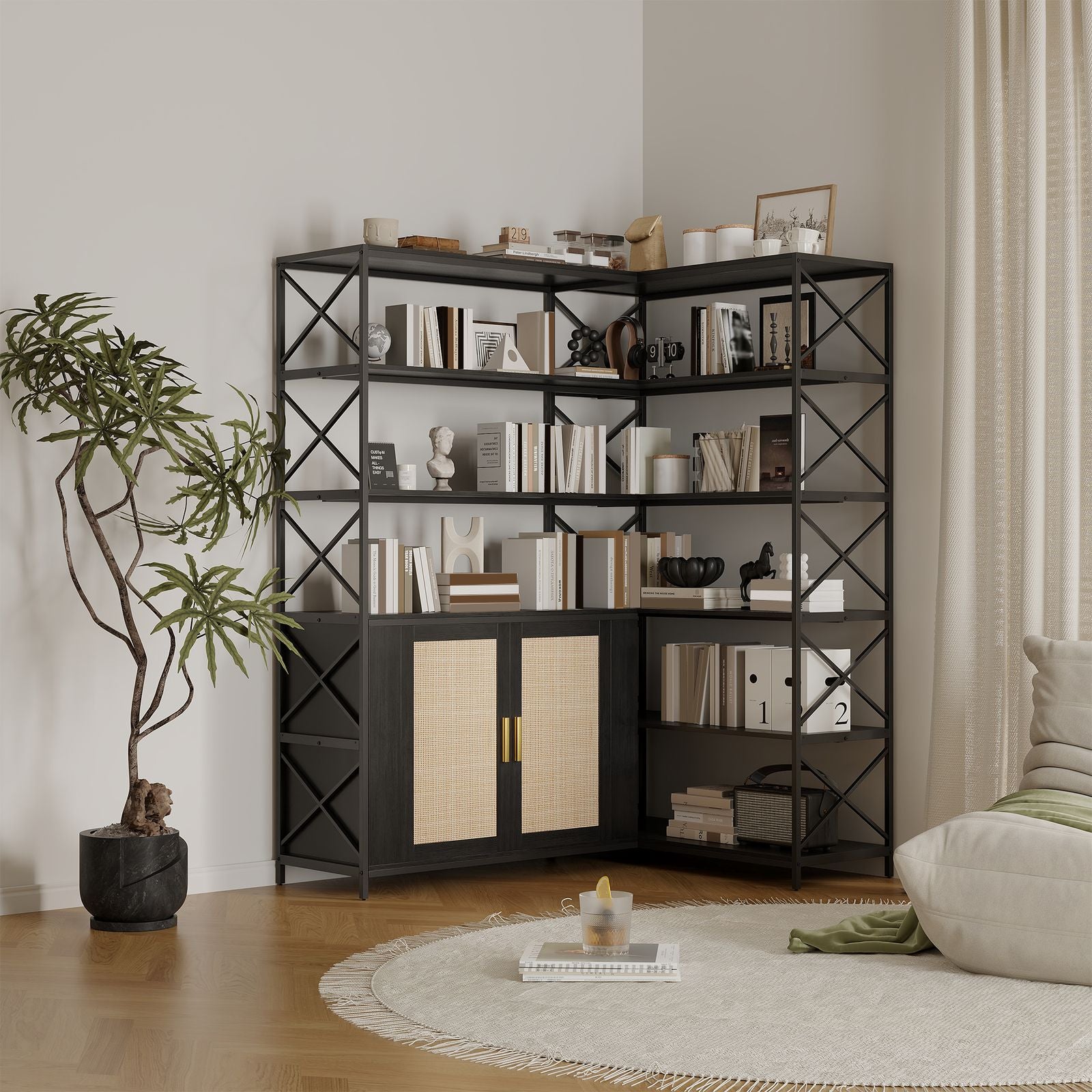 6-Shelf Corner Bookshelf, L-Shaped Space-Saving Bookcase with 2 Rattan Doors & Adjustable Shelves - Solid, Freestanding Corner Cabinet for Living Room, Bedroom, Home Office - Easy Assembly ( Wood Tone)