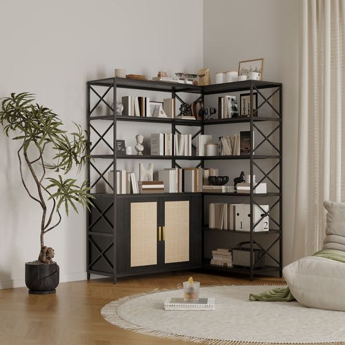 6-Shelf Corner Bookshelf, L-Shaped Space-Saving Bookcase with 2 Rattan Doors & Adjustable Shelves - Solid, Freestanding Corner Cabinet for Living Room, Bedroom, Home Office - Easy Assembly ( Wood Tone)