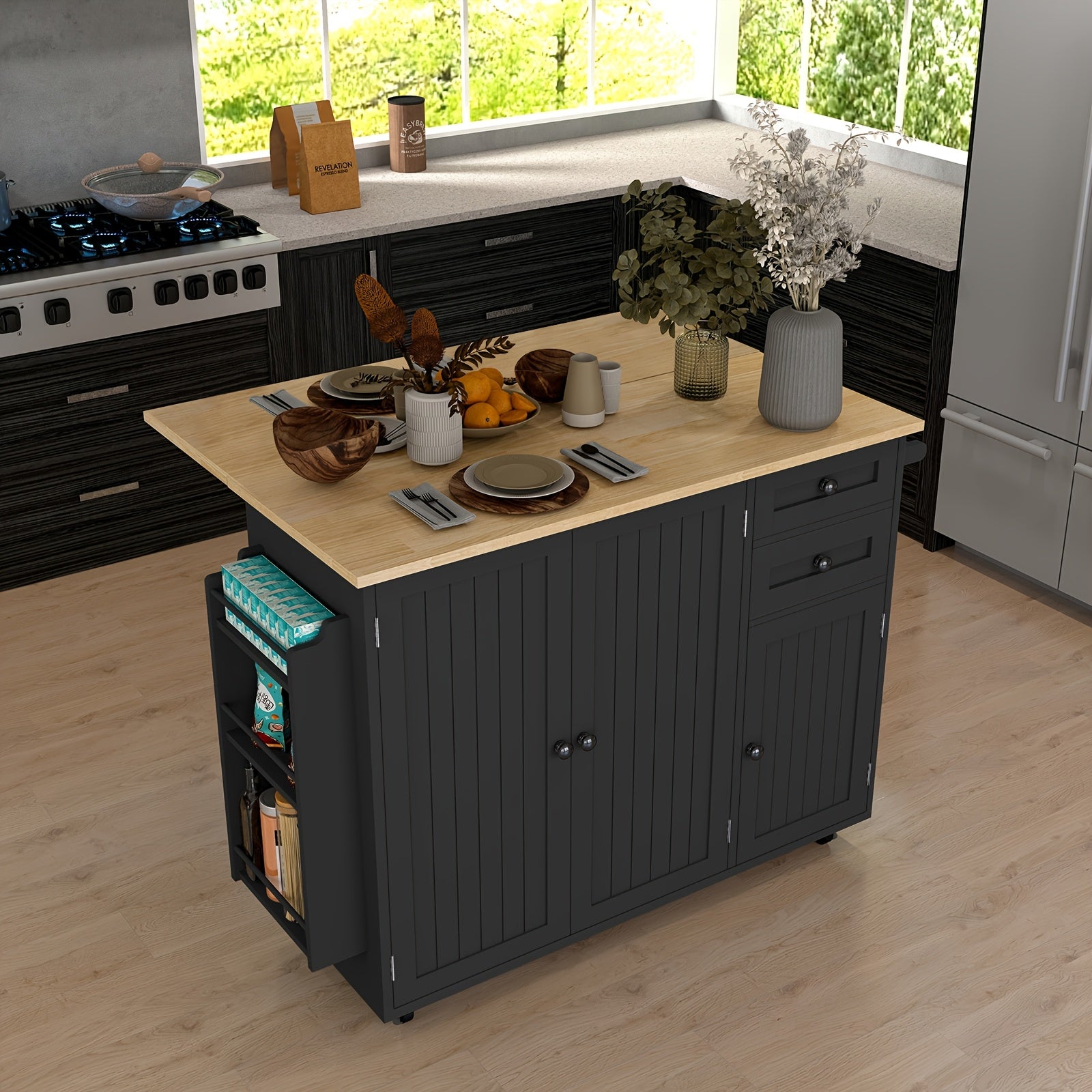Modern Mobile Kitchen Island Cart with Extendable Drop Leaf Breakfast Bar, Locking Wheels, Storage Cabinet, Drawer & Open Shelves - Heavy-Duty Rolling Kitchen Cabinet with Spice Rack, Towel Rack - Space-Saving Design for Small Kitchens, Apartments, Dining