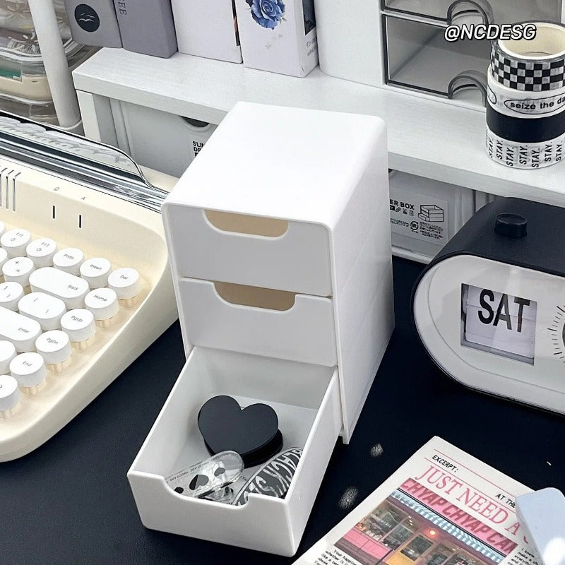 No-assembly desktop storage cabinet, stylish 3-tier white drawer organizer with round handles, suitable for office supplies, jewelry, and cosmetics. Lightweight and odor-free, a cute and practical desk organizer