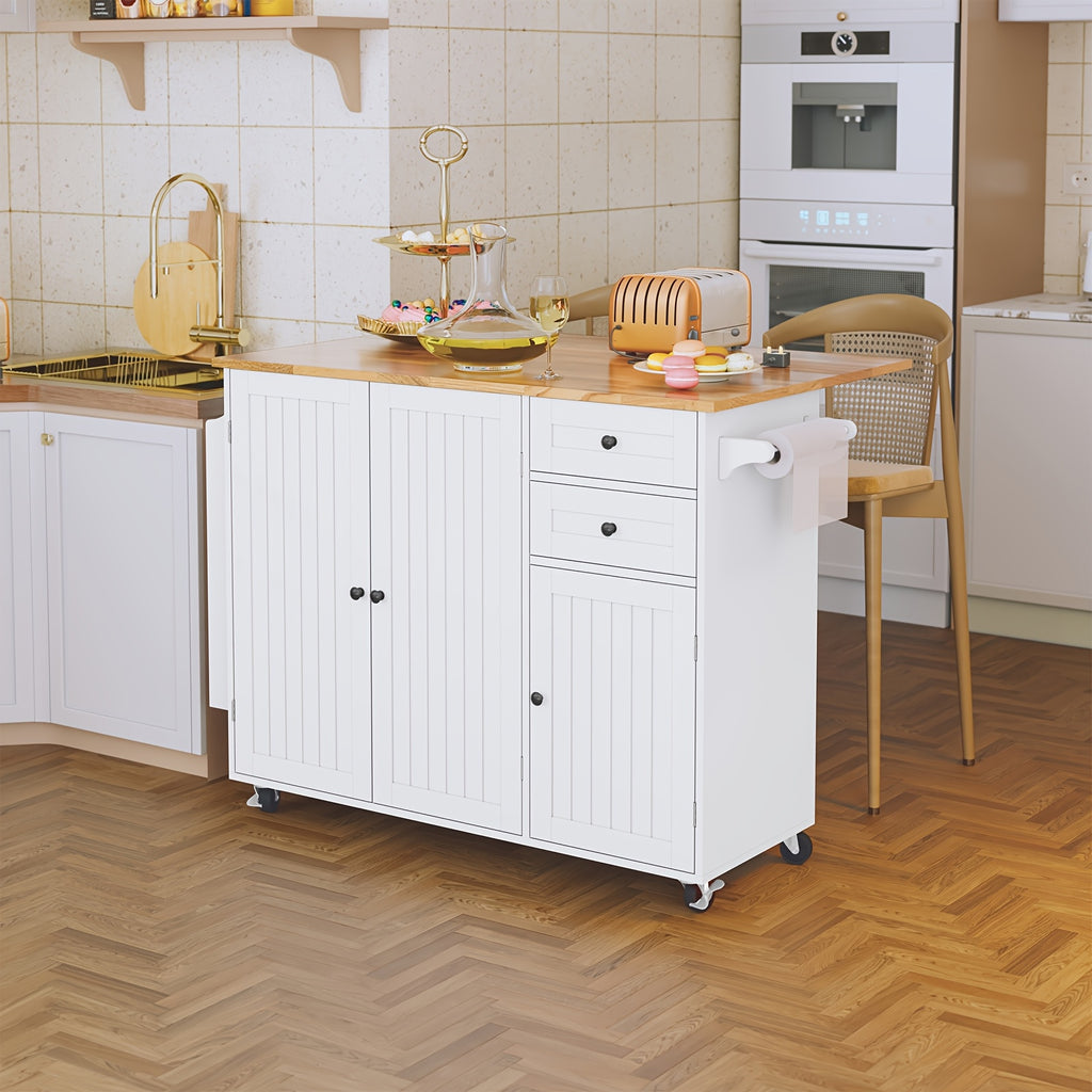 Modern Mobile Kitchen Island Cart with Extendable Drop Leaf Breakfast Bar, Locking Wheels, Storage Cabinet, Drawer & Open Shelves - Heavy-Duty Rolling Kitchen Cabinet with Spice Rack, Towel Rack - Space-Saving Design for Small Kitchens, Apartments, Dining