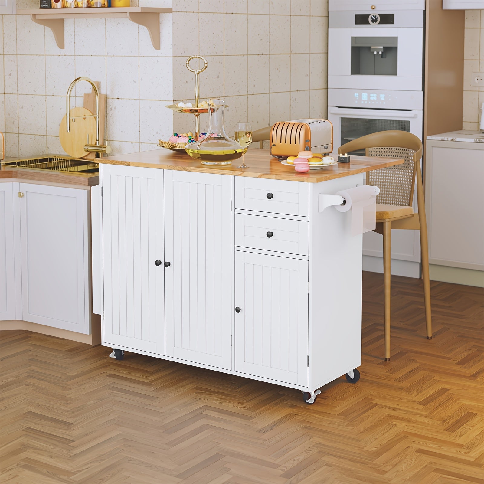 Modern Mobile Kitchen Island Cart with Extendable Drop Leaf Breakfast Bar, Locking Wheels, Storage Cabinet, Drawer & Open Shelves - Heavy-Duty Rolling Kitchen Cabinet with Spice Rack, Towel Rack - Space-Saving Design for Small Kitchens, Apartments, Dining