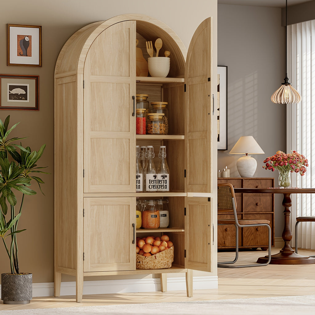 71 Inch Tall Arched Kitchen Pantry Cabinet, Modern Farmhouse Wooden Kitchen Storage Cabinet with Doors And Shelves with Adjustable Feet for Kitchen, Dining Room, Living Room, Oak, Black, Off-White, Kitchen Cabinets, Pantry Cabinet for Kitchen