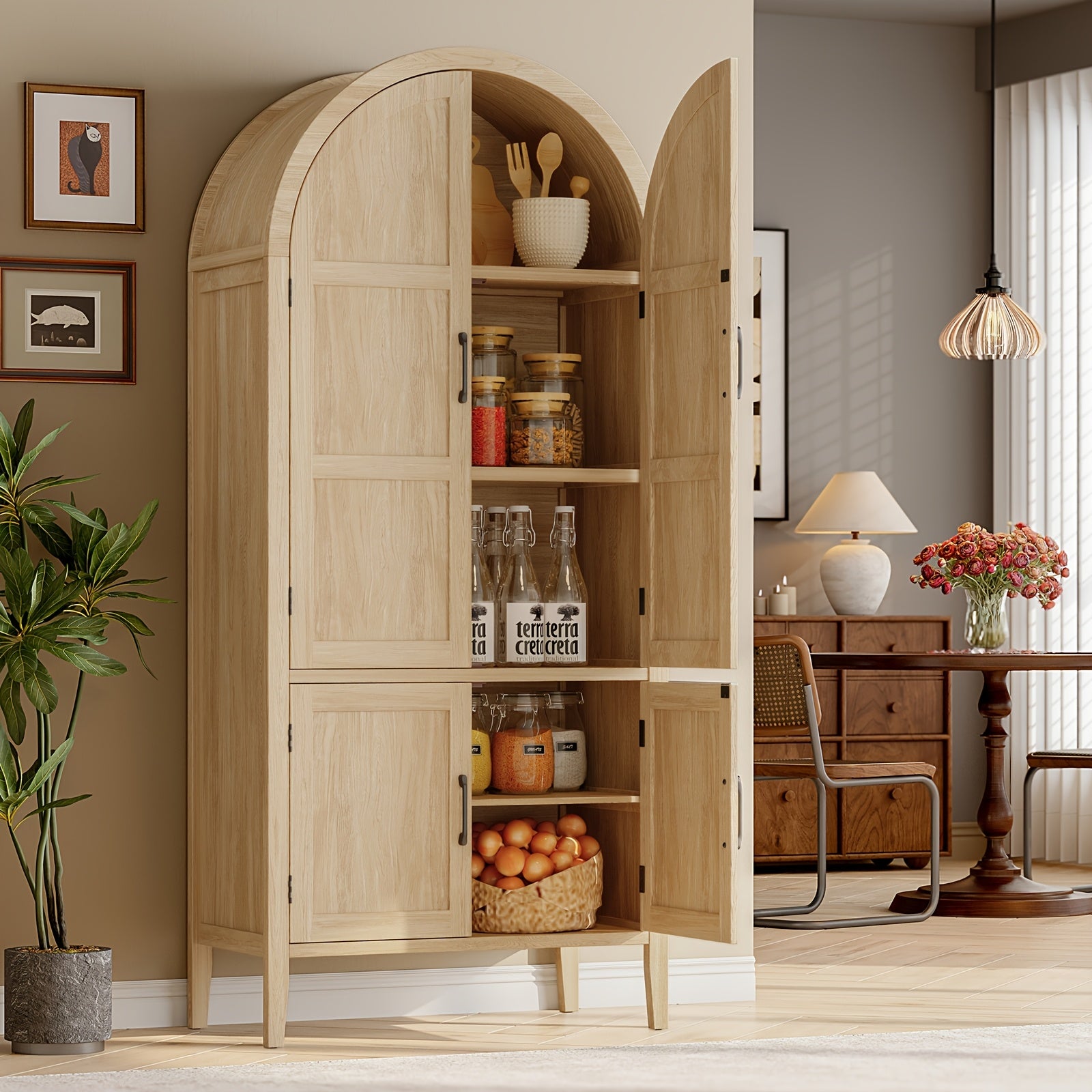 71 Inch Tall Arched Kitchen Pantry Cabinet, Modern Farmhouse Wooden Kitchen Storage Cabinet with Doors And Shelves with Adjustable Feet for Kitchen, Dining Room, Living Room, Oak, Black, Off-White, Kitchen Cabinets, Pantry Cabinet for Kitchen