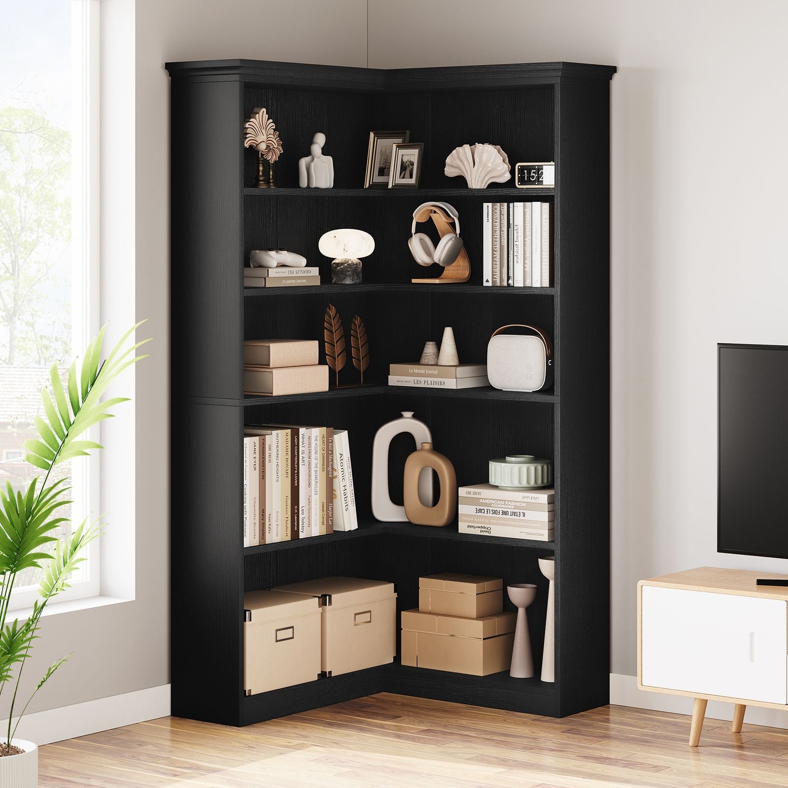 Heavy-Duty Corner Panel Bookcase - Black Modern L-Shaped Bookshelf with Curved Shelves, Space-Saving Freestanding Storage Shelf for Home Office, Living Room, Study - Easy Assembly, Sturdy Shelf Organizer (27\