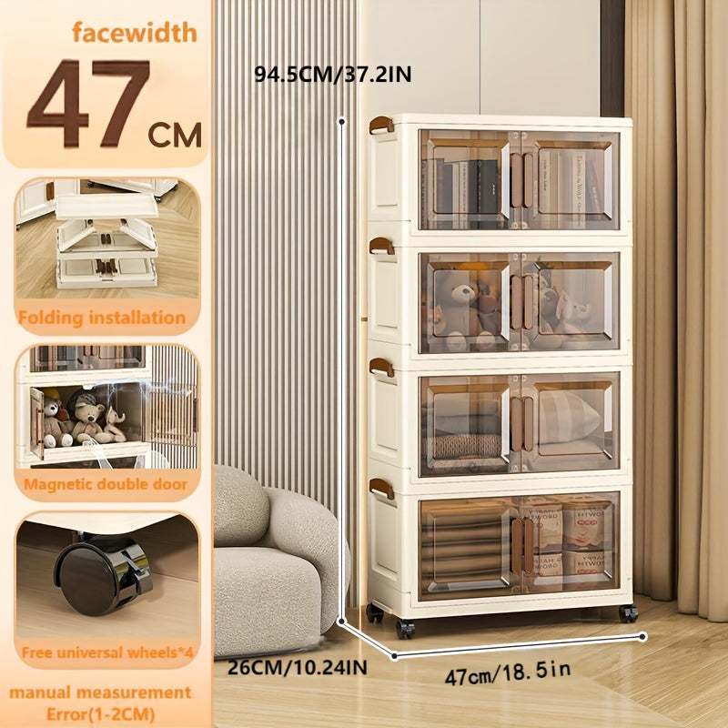 5-Tier Large-Capacity Storage Cabinet with Doors & White\u002FBeige Finish - Heavy-Duty Plastic Stackable Organizer with Cover & Wheels, Space-Saving Modern Wardrobe, Bedroom, Bathroom, Office Furniture - Multi-Purpose Shelving Unit for Home Organization,