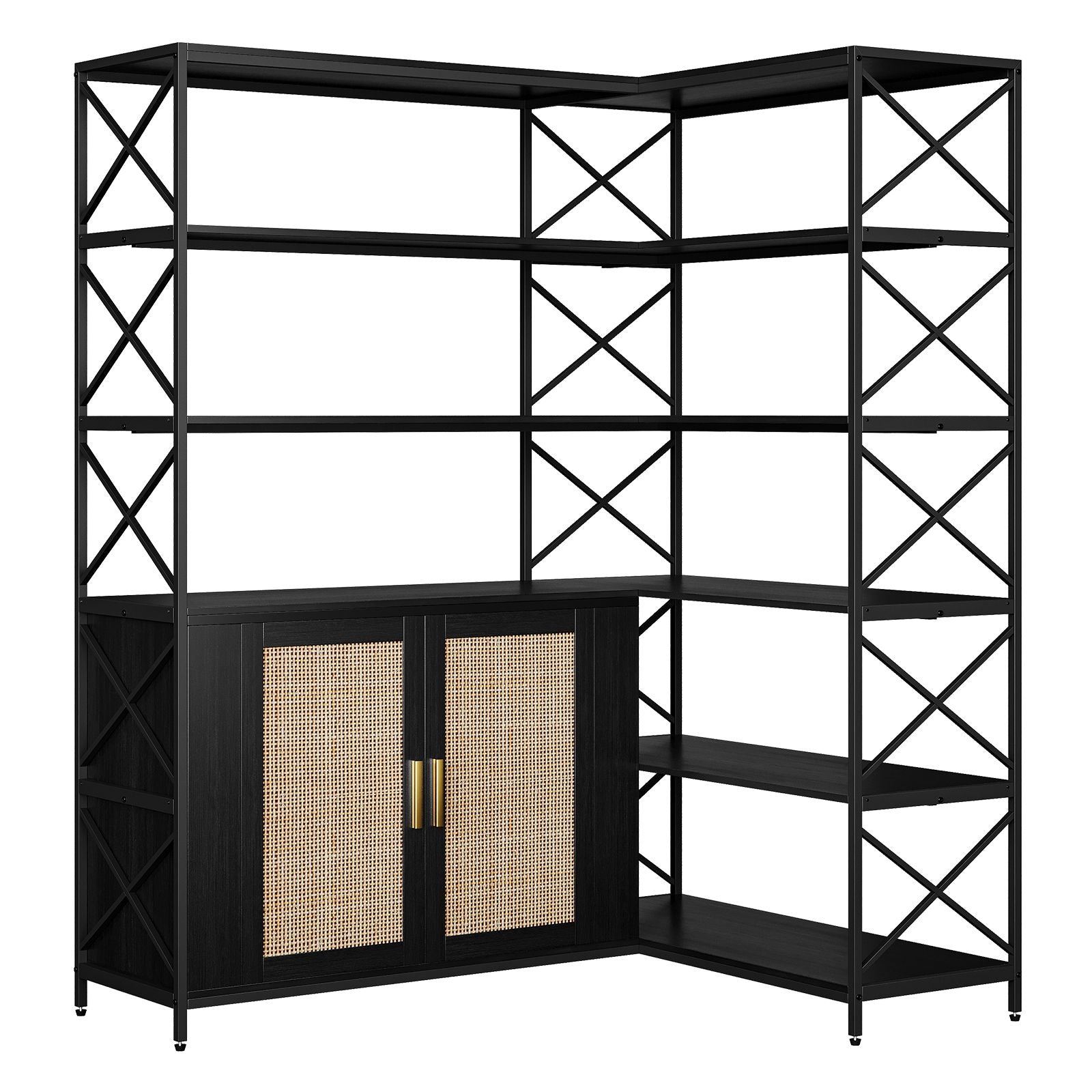 6-Shelf Corner Bookshelf, L-Shaped Space-Saving Bookcase with 2 Rattan Doors & Adjustable Shelves - Solid, Freestanding Corner Cabinet for Living Room, Bedroom, Home Office - Easy Assembly ( Wood Tone)