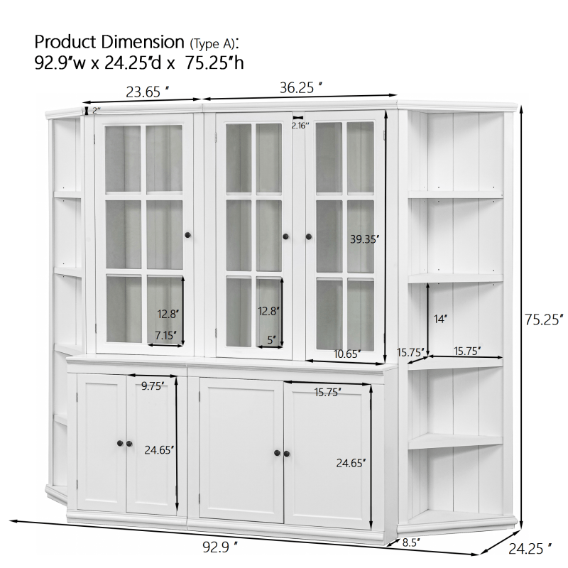 75.25'' Tall Display Cabinets and Two Triangle Sided Bookshelves 92.9'' Wide Retro Style Wall Suit with Glass Doors for Hallways Living room Office Studio or Workspace White