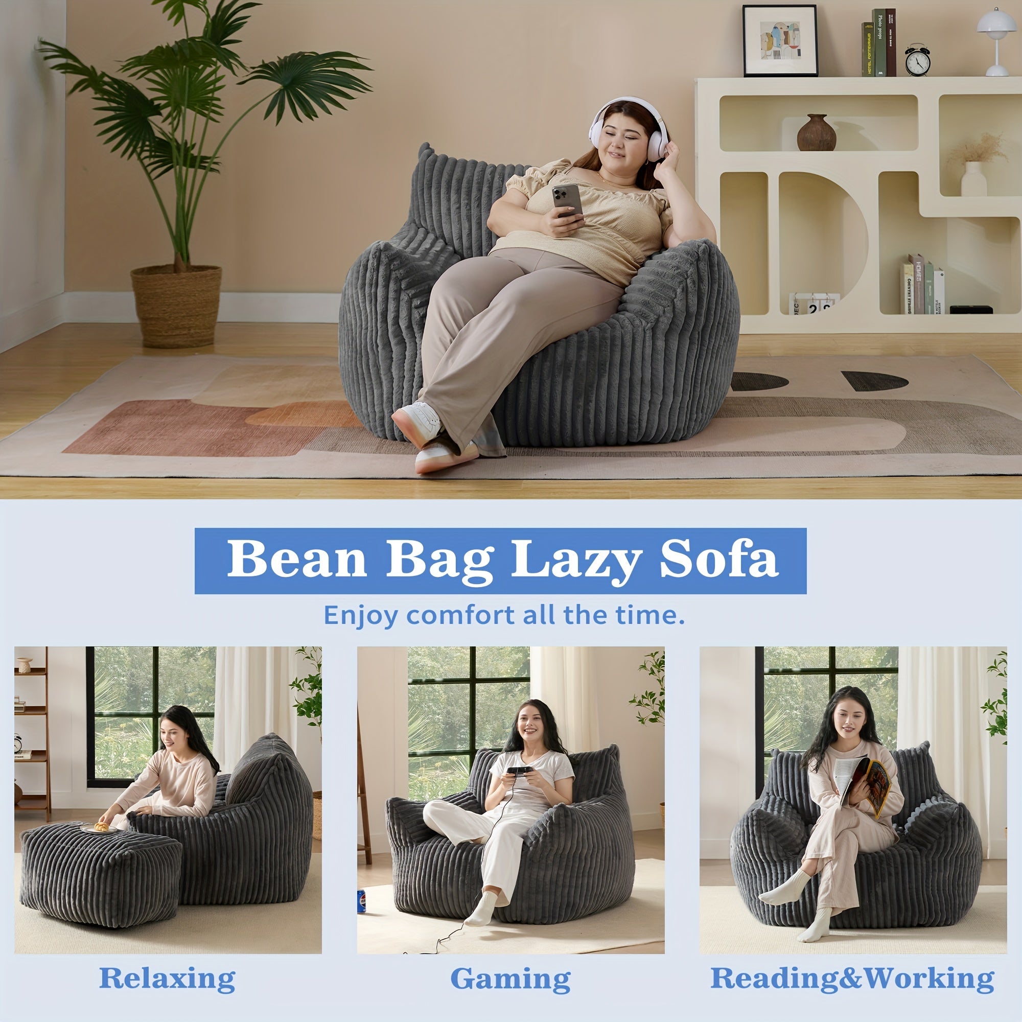 Living&Giving Oversize Bean Bag Sofa, Fireside Chair, Lazy Floor Sofa Couch, Tatami Sofa, Suitable For Living Room Bedroom Office, Warm Best Christmas Gifts For Her\u002FHim (Dark Grey, Beige, Orange)