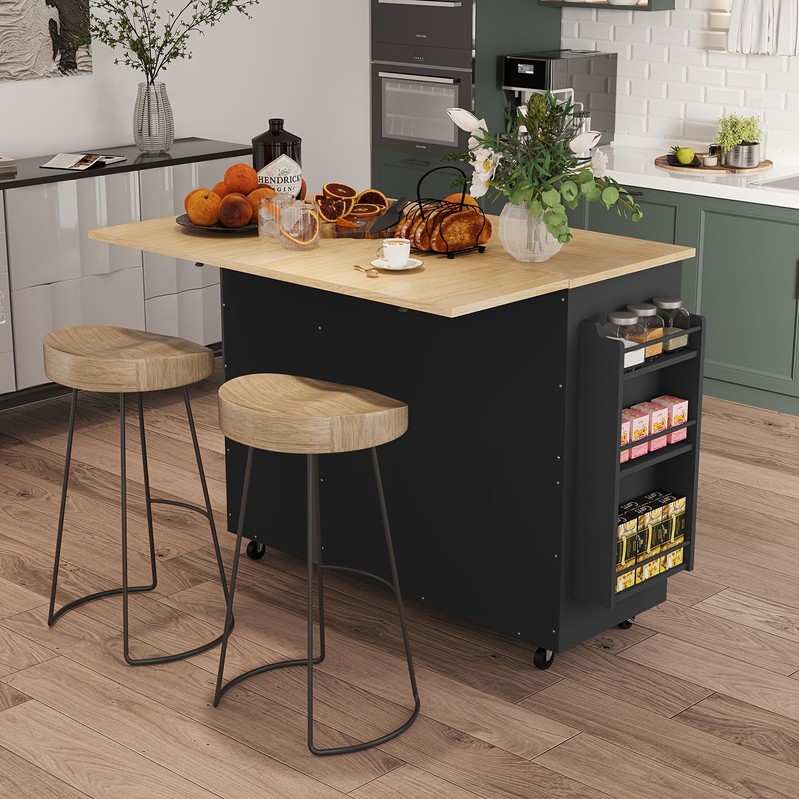 Modern Mobile Kitchen Island Cart with Extendable Drop Leaf Breakfast Bar, Locking Wheels, Storage Cabinet, Drawer & Open Shelves - Heavy-Duty Rolling Kitchen Cabinet with Spice Rack, Towel Rack - Space-Saving Design for Small Kitchens, Apartments, Dining