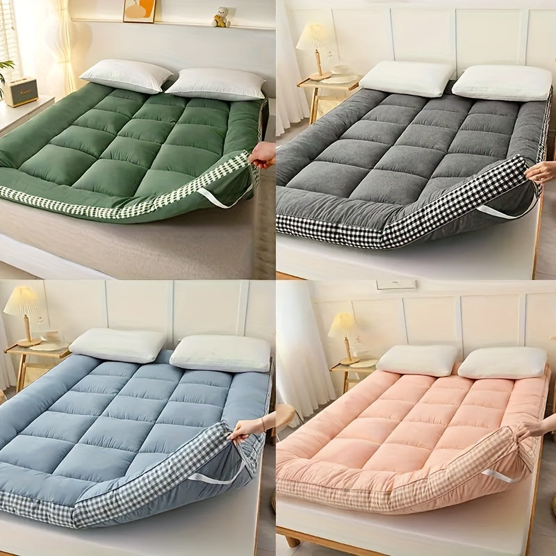 1pc 1200gsm Roll Up Mattress, Blue Green Pink Topper - 3.15-3.94inch Thick Quilted Bed Topper With Checkered Border, Thick Tatami Mat Sleeping Pad, Machine Washable, For Sofa Bed, Guest Room, Home Decor, Sofa Bed Mattress, Best Gifts For Family