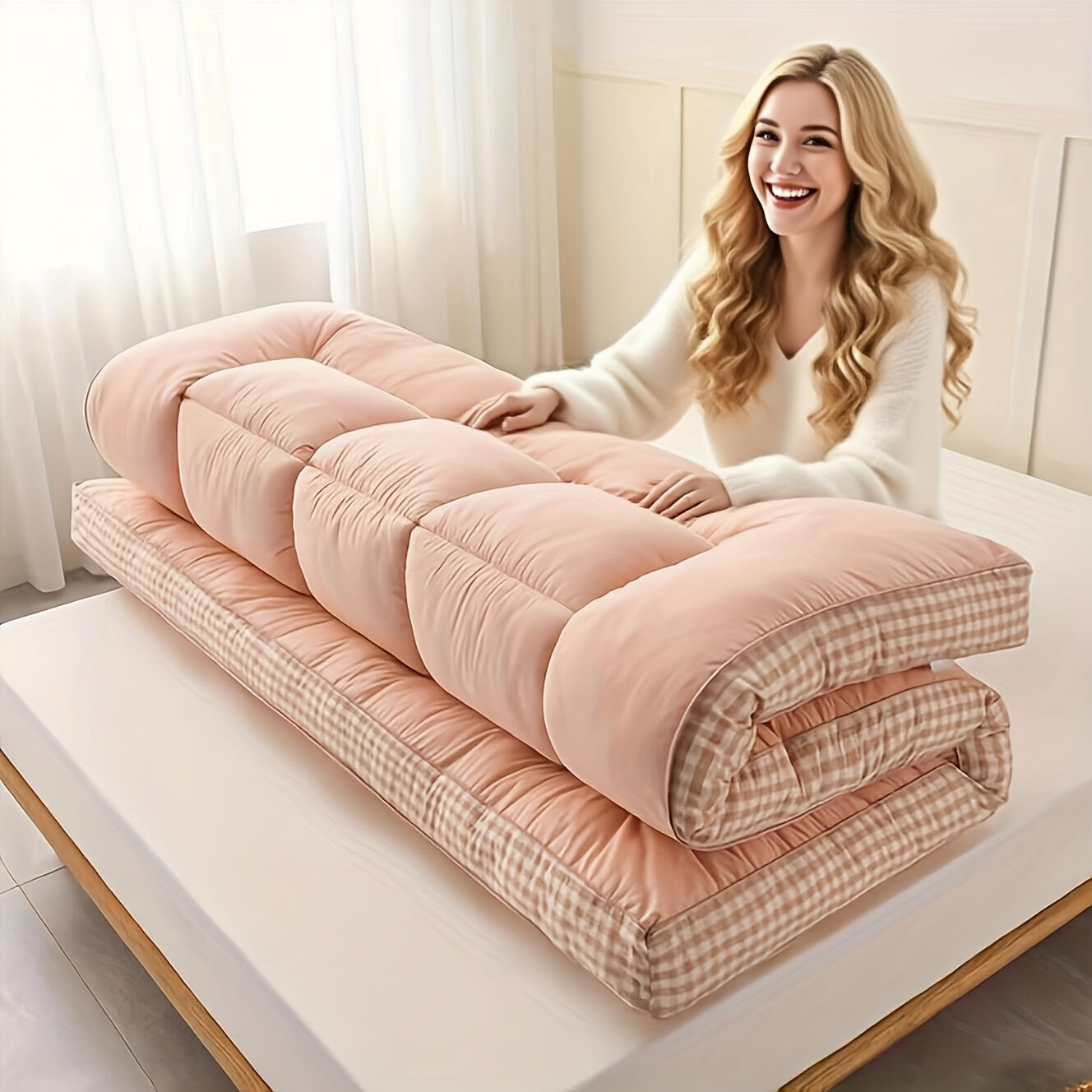 1pc 1200gsm Roll Up Mattress, Blue Green Pink Topper - 3.15-3.94inch Thick Quilted Bed Topper With Checkered Border, Thick Tatami Mat Sleeping Pad, Machine Washable, For Sofa Bed, Guest Room, Home Decor, Sofa Bed Mattress, Best Gifts For Family