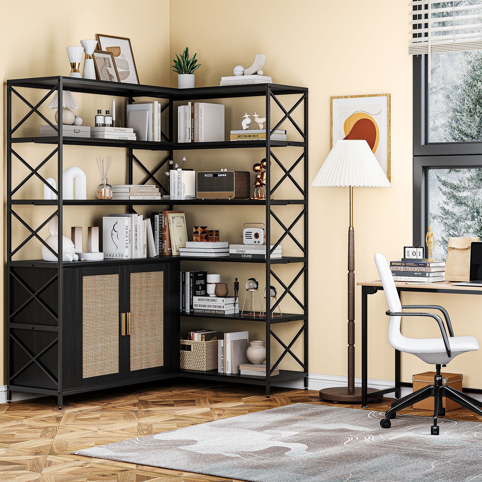 6-Shelf Corner Bookshelf, L-Shaped Space-Saving Bookcase with 2 Rattan Doors & Adjustable Shelves - Solid, Freestanding Corner Cabinet for Living Room, Bedroom, Home Office - Easy Assembly ( Wood Tone)