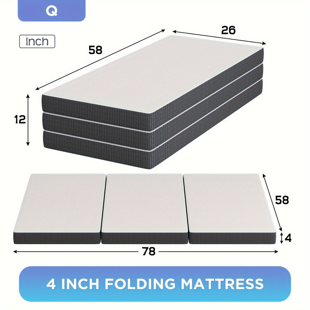4 Inch Tri Fold Folding Mattress Memory Foam Mattress Topper Portable Foldable Mattress Topper For Camping, Guest, Floor RV, CertiPUR-US Certified, With Washable Cover, Easy Storage