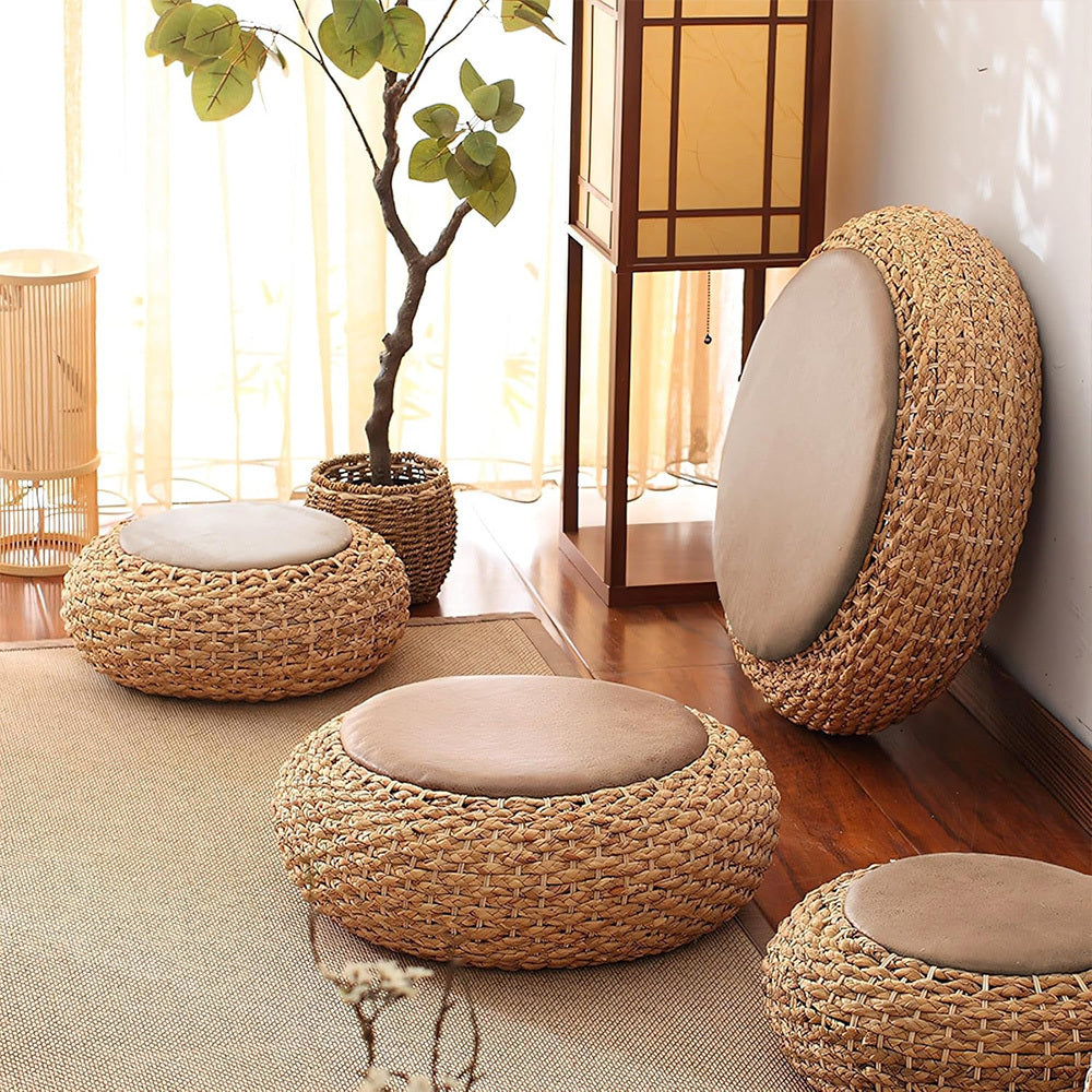 Straw Flat Seat Cushion, Tatami Floor Straw Mat Natural Cushion, Japanese Style Round Sitting Padded Handmade Floor Pouf Mat for Yoga Meditation Mat Living Room