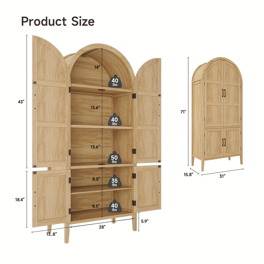 71 Inch Tall Arched Kitchen Pantry Cabinet, Modern Farmhouse Wooden Kitchen Storage Cabinet with Doors And Shelves with Adjustable Feet for Kitchen, Dining Room, Living Room, Oak, Black, Off-White, Kitchen Cabinets, Pantry Cabinet for Kitchen